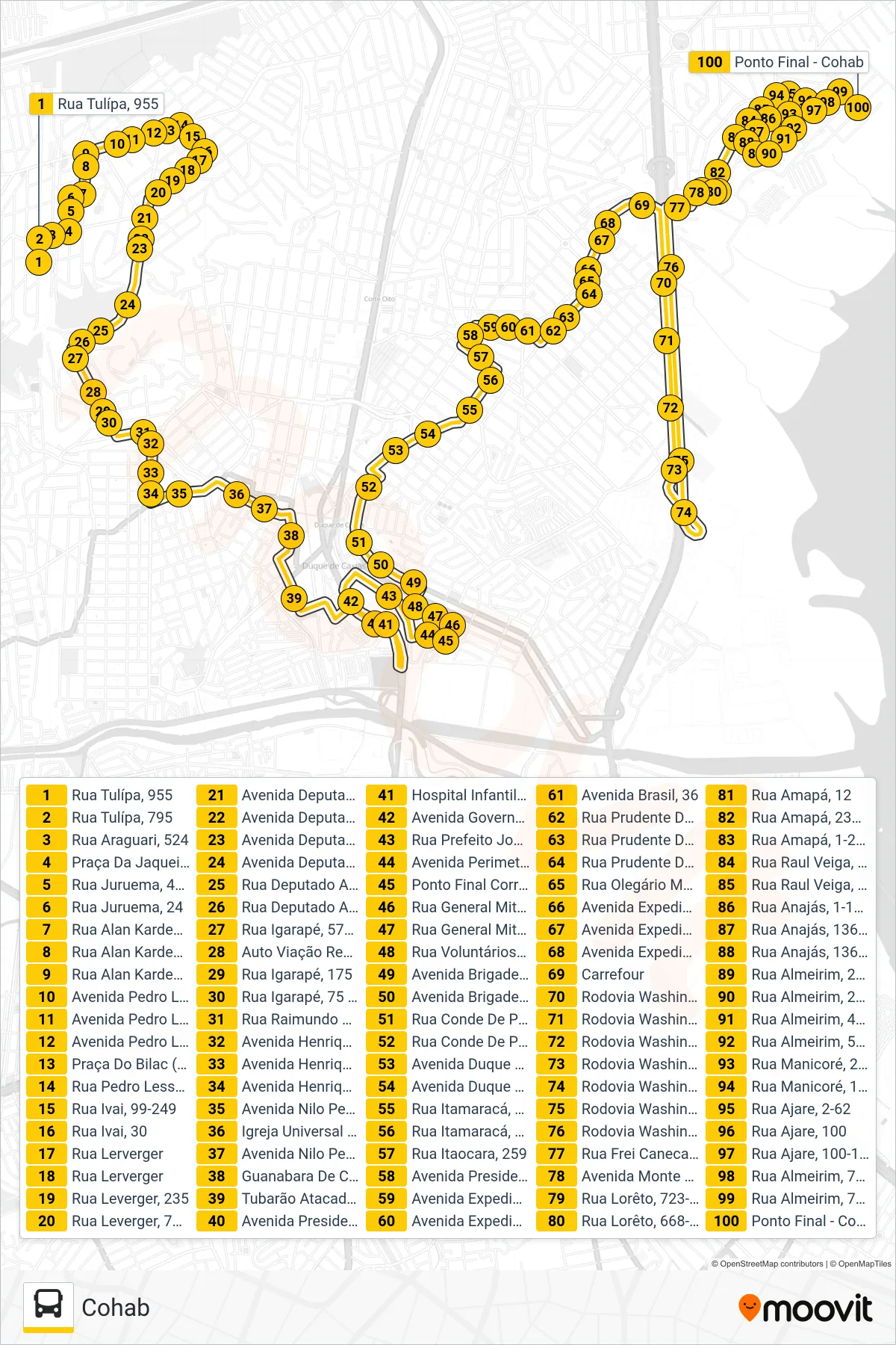 018 bus Line (Cohab) route and stops on a map