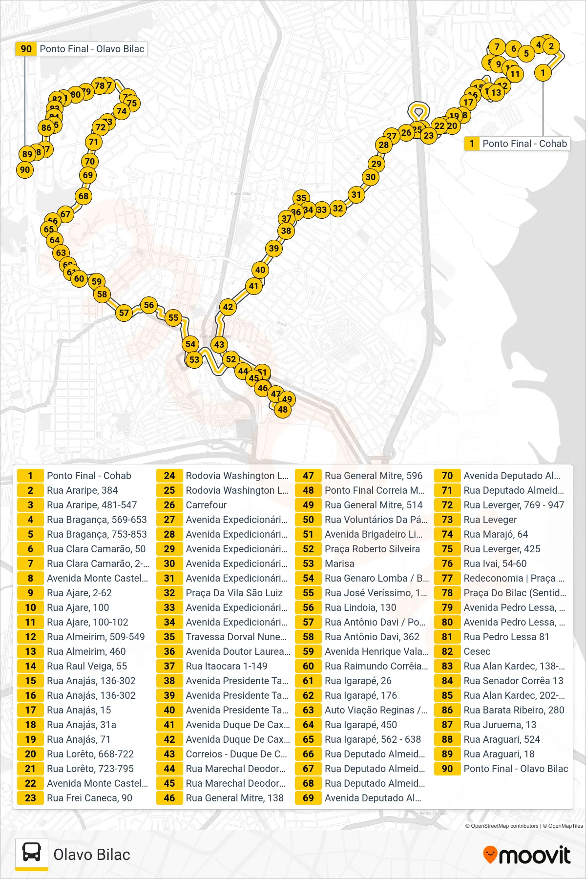 018 bus Line (Olavo Bilac) route and stops on a map