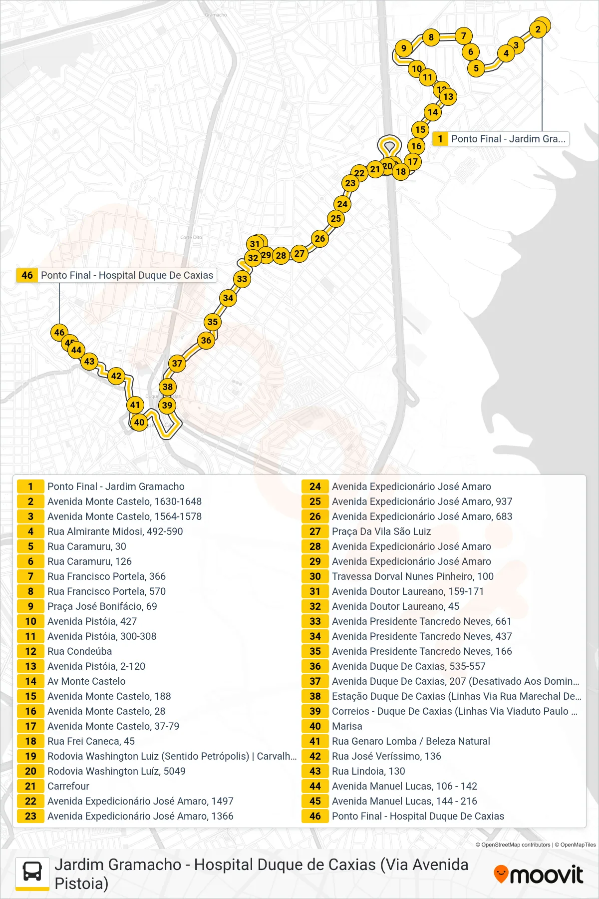 Rota e paradas da linha de ônibus 016 (Hospital Duque De Caxias) no mapa