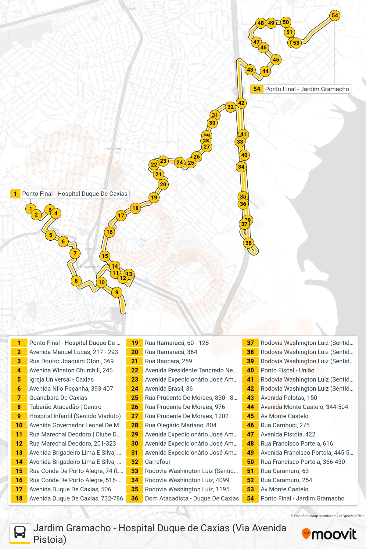 016 bus Line (Jardim Gramacho (Via R. Marechal Deodoro)) route and stops on a map