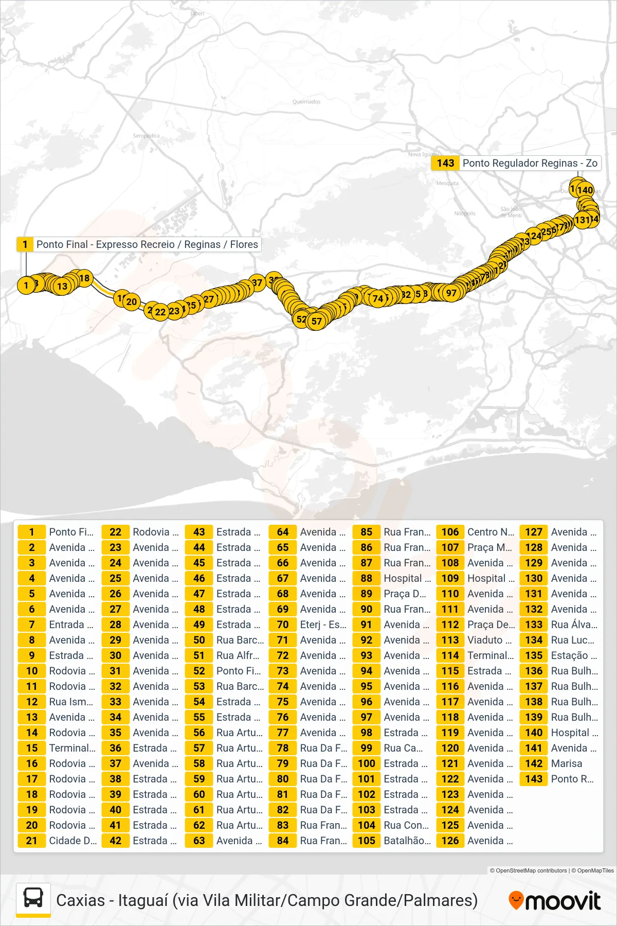 Rota e paradas da linha de ônibus 119T (Caxias) no mapa