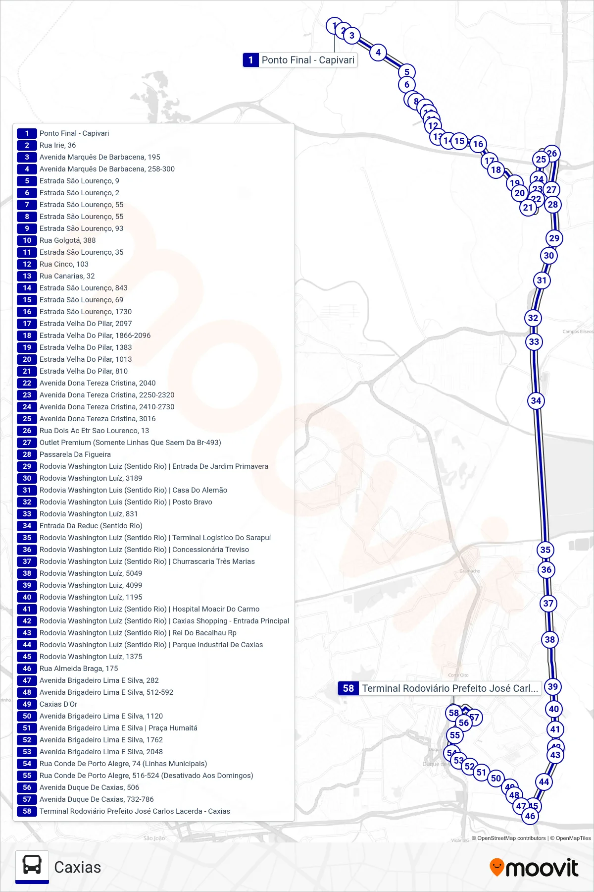02 bus Line (Caxias) route and stops on a map