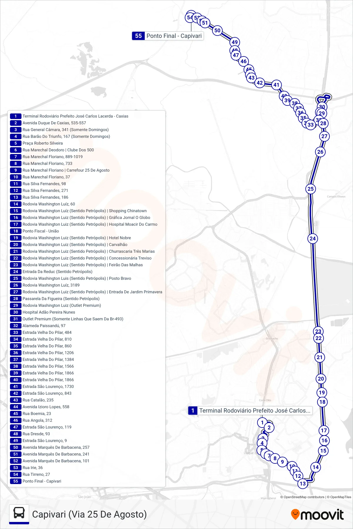 Rota e paradas da linha de ônibus 02 (Capivari (Via 25 De Agosto)) no mapa