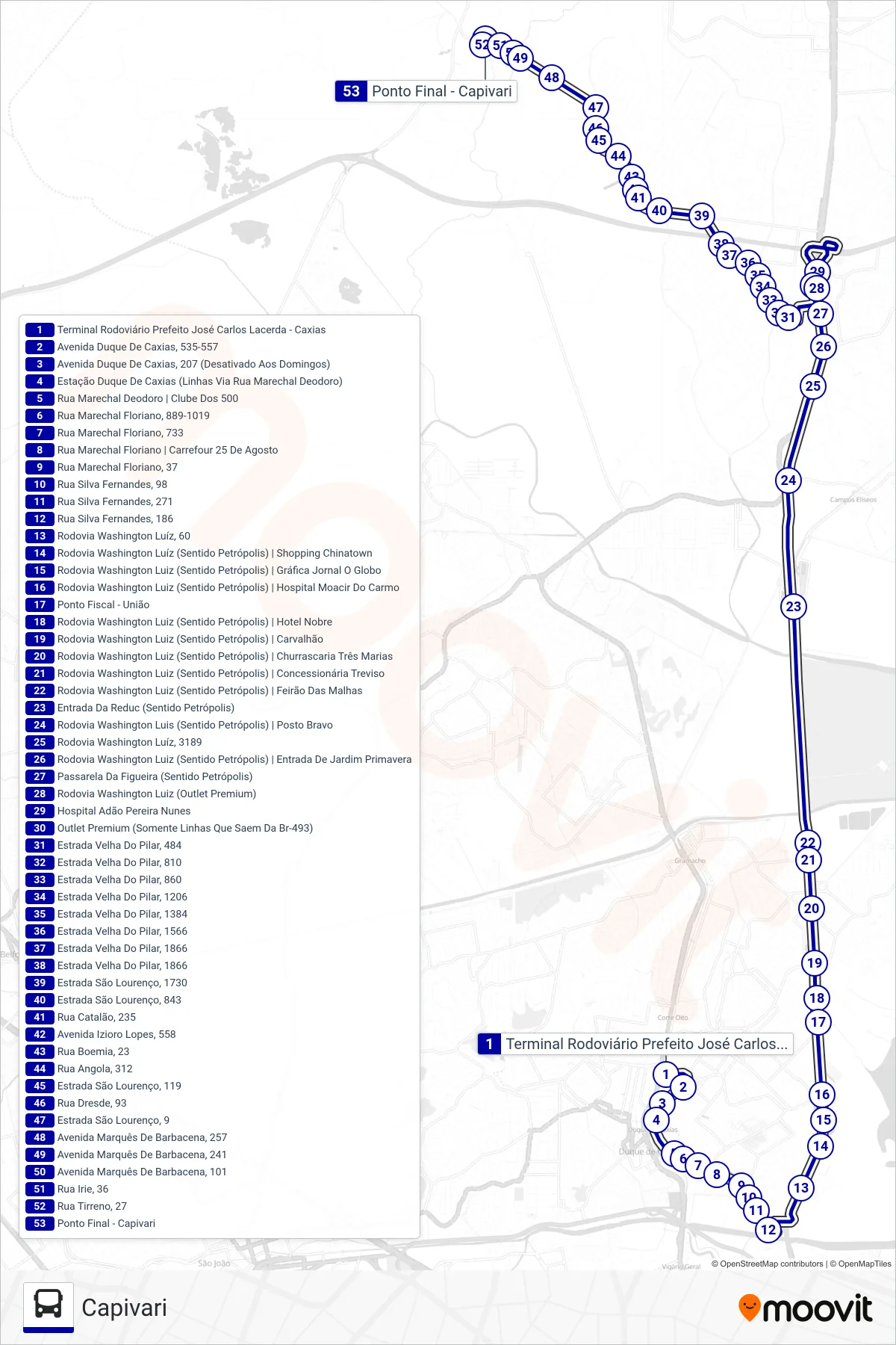 Rota e paradas da linha de ônibus  02  (Capivari) no mapa