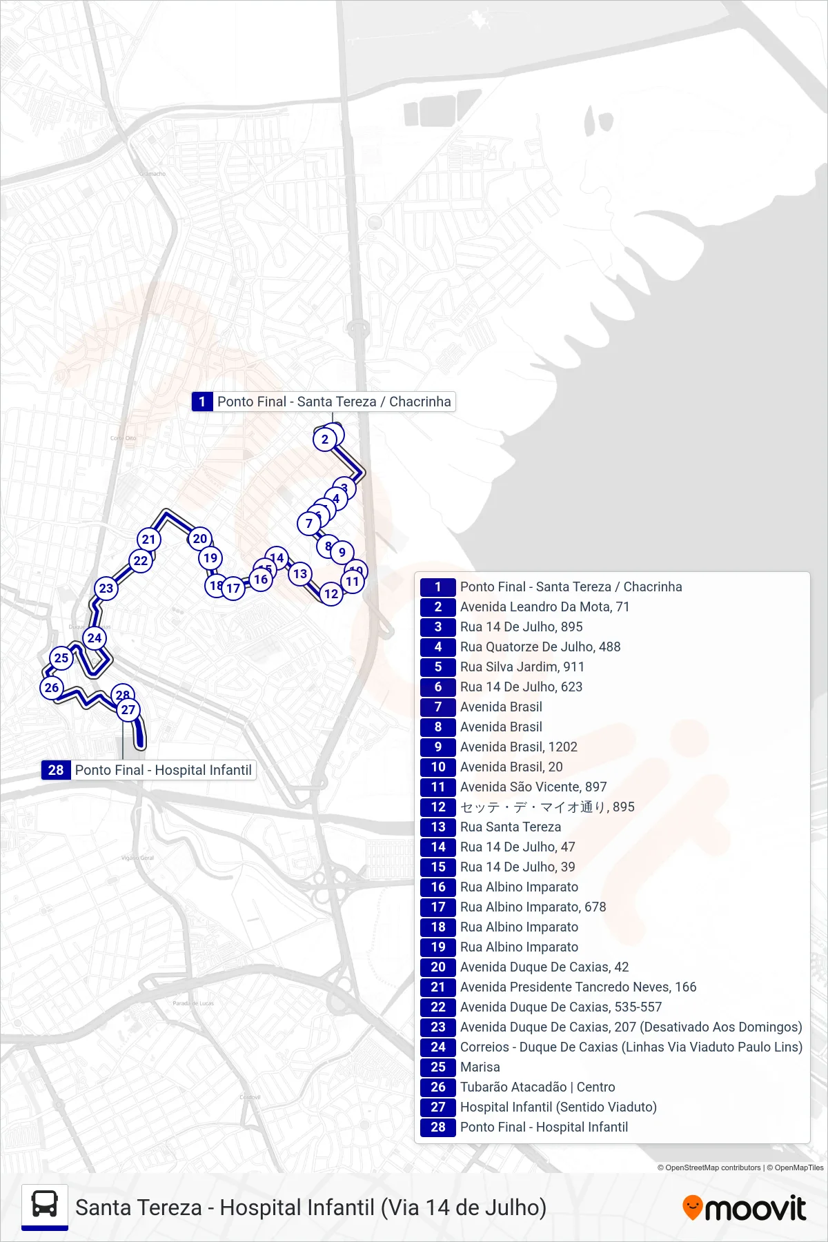 Rota e paradas da linha de ônibus 06 (Hospital Infantil) no mapa