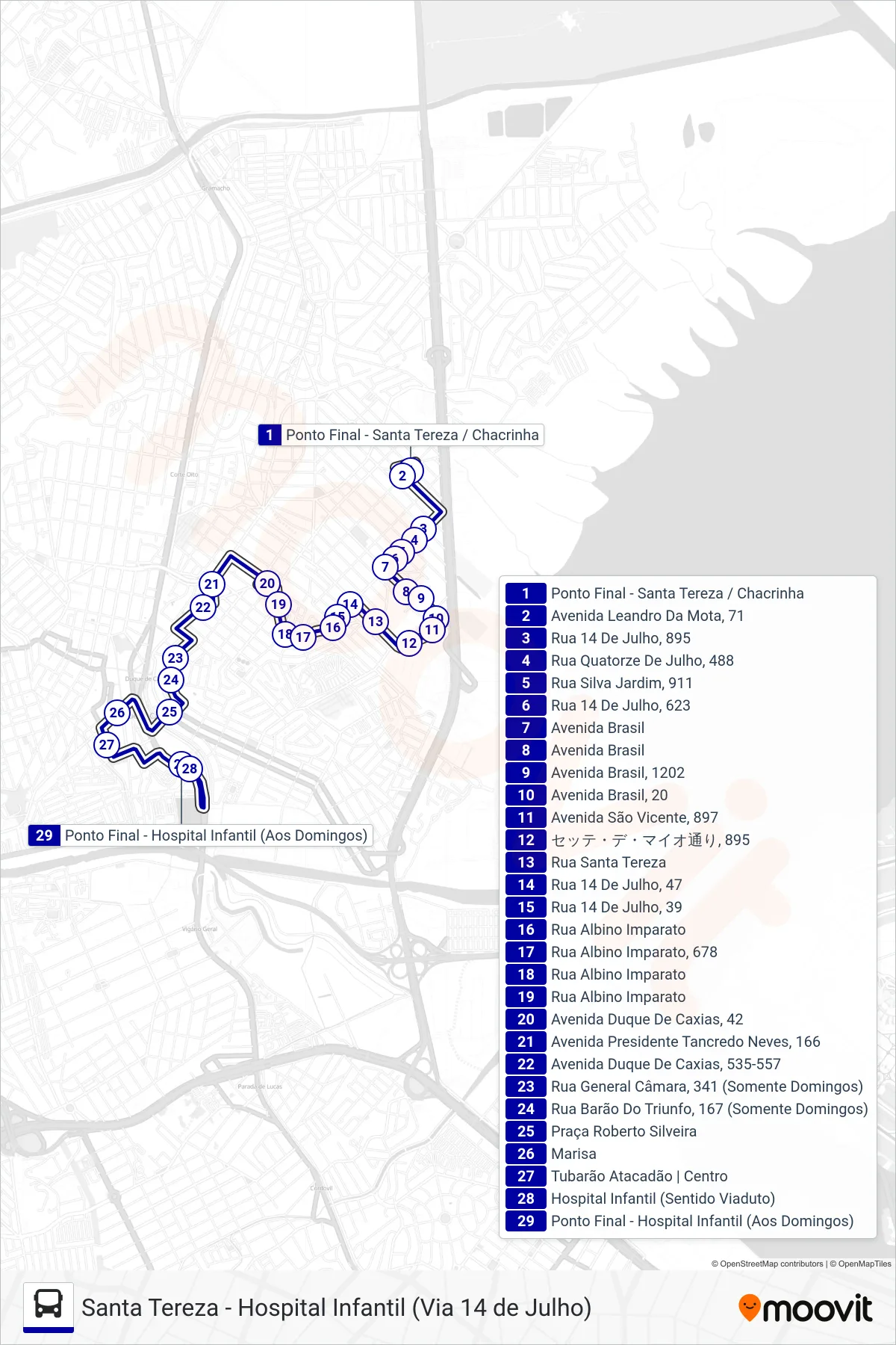 Rota e paradas da linha de ônibus 06 (Hospital Infantil (Via 25 De Agosto)) no mapa
