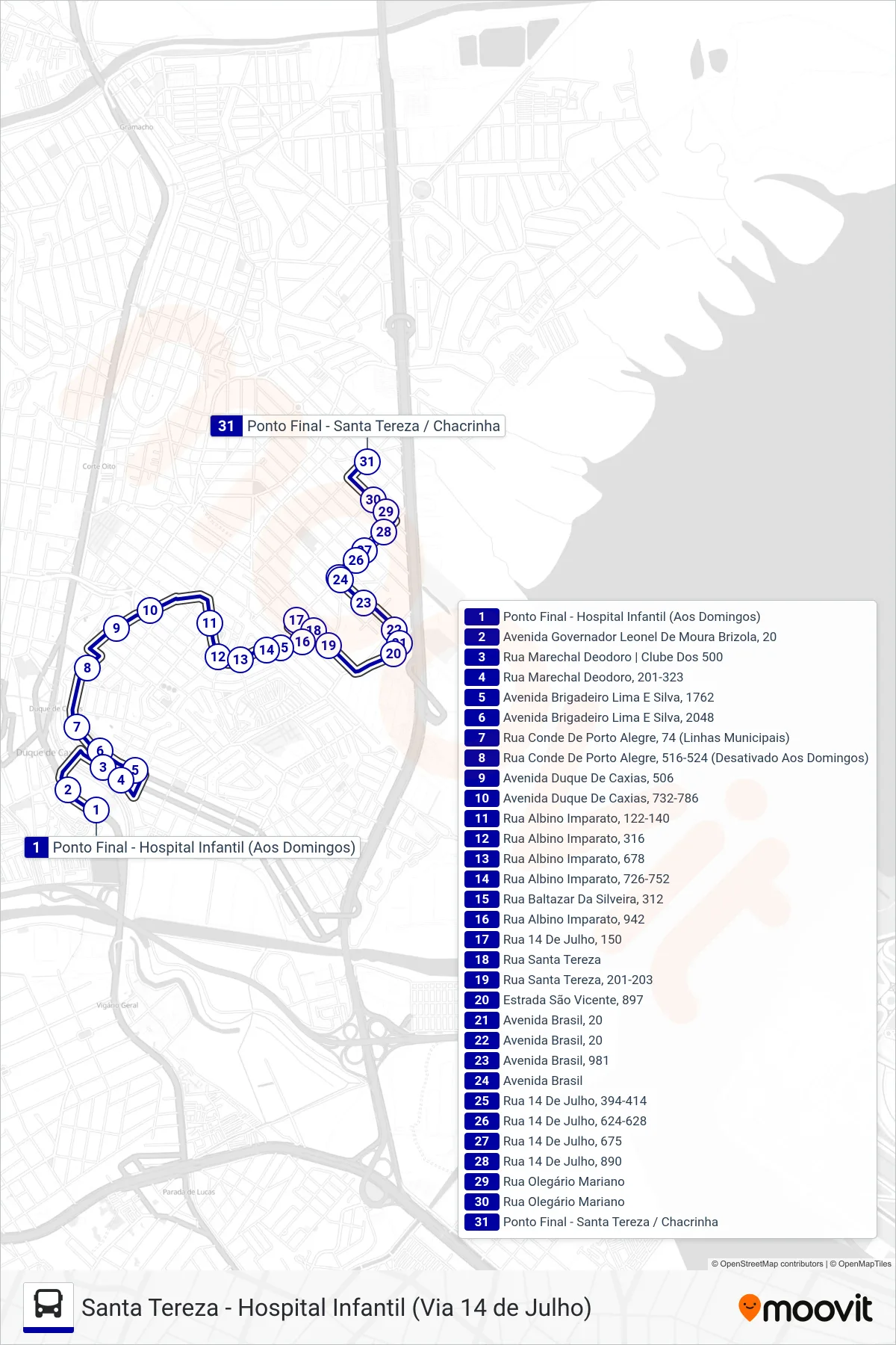 Rota e paradas da linha de ônibus 06 (Santa Tereza (Via R. Marechal Deodoro)) no mapa