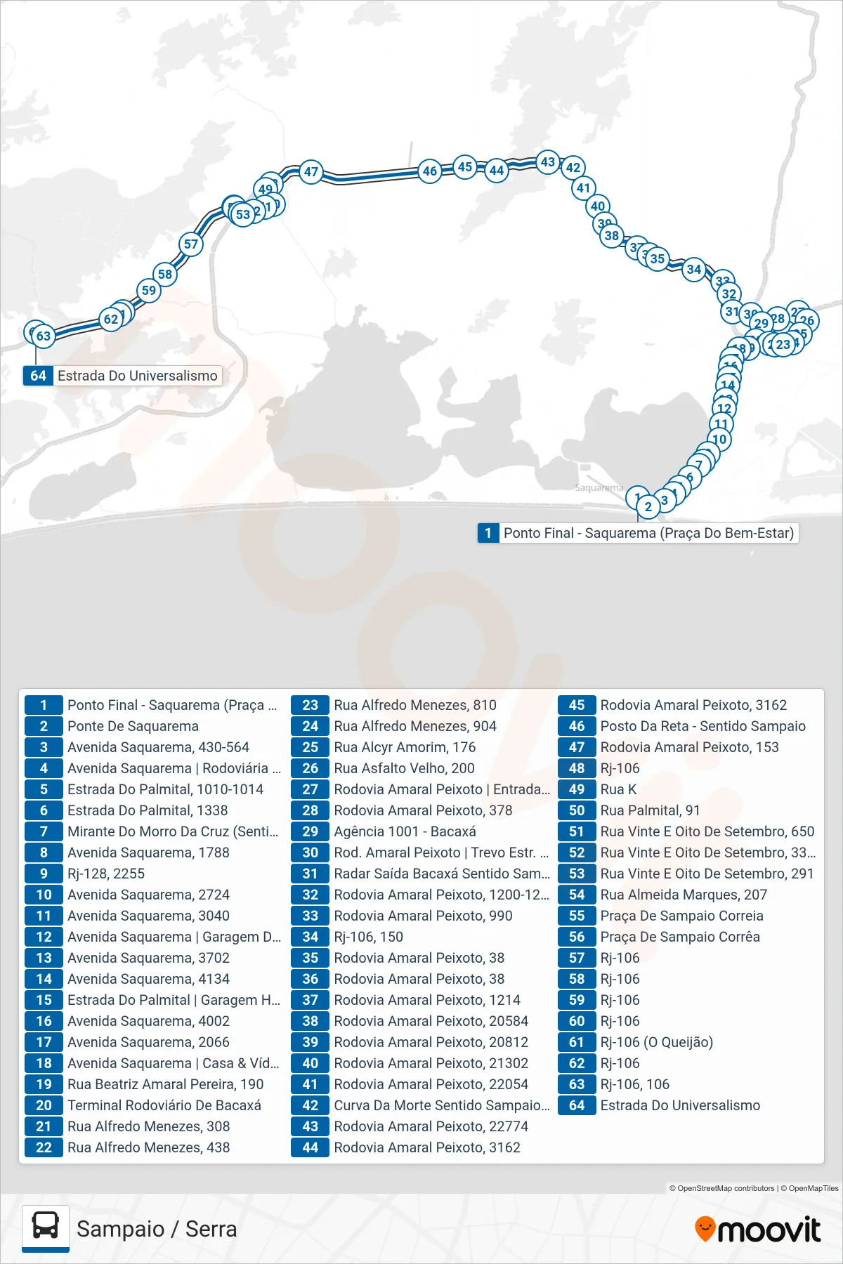 Rota e paradas da linha de ônibus 03 (Sampaio / Serra) no mapa