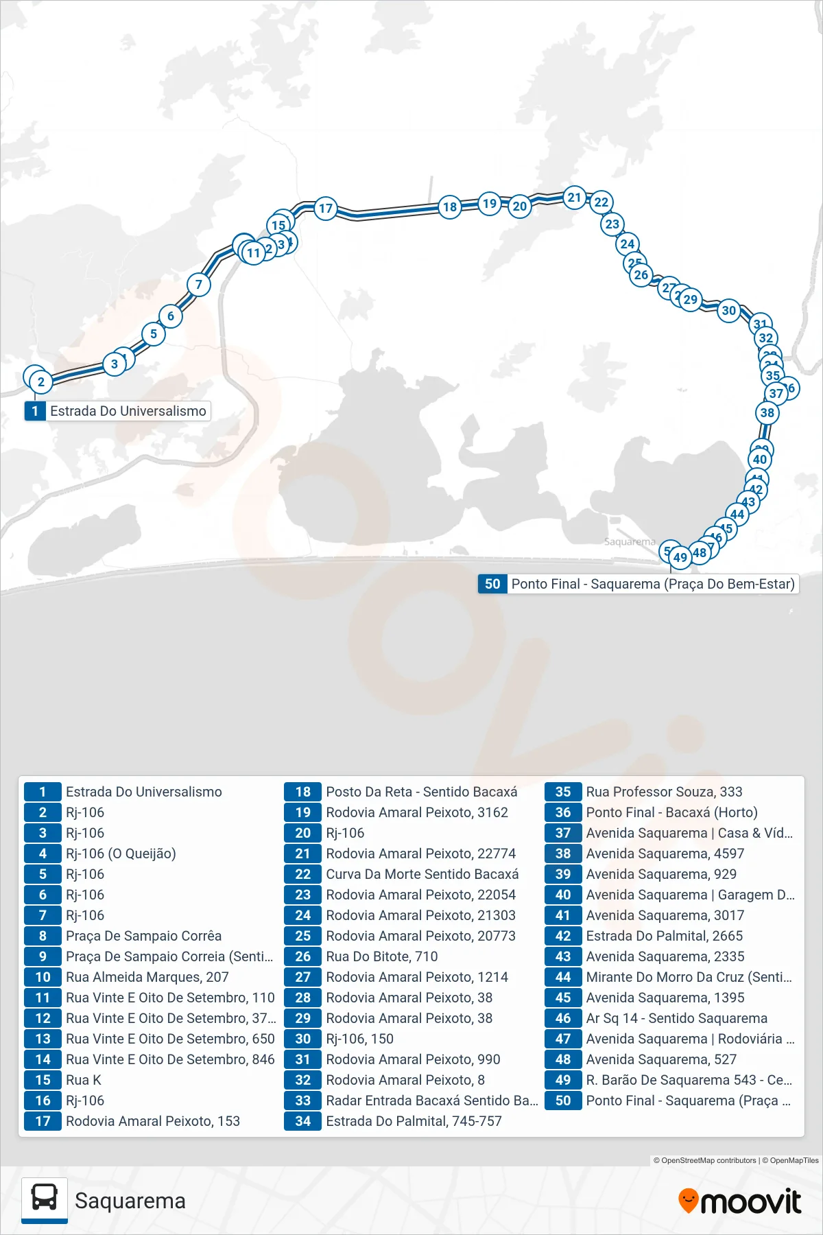 Rota e paradas da linha de ônibus  03  (Saquarema) no mapa