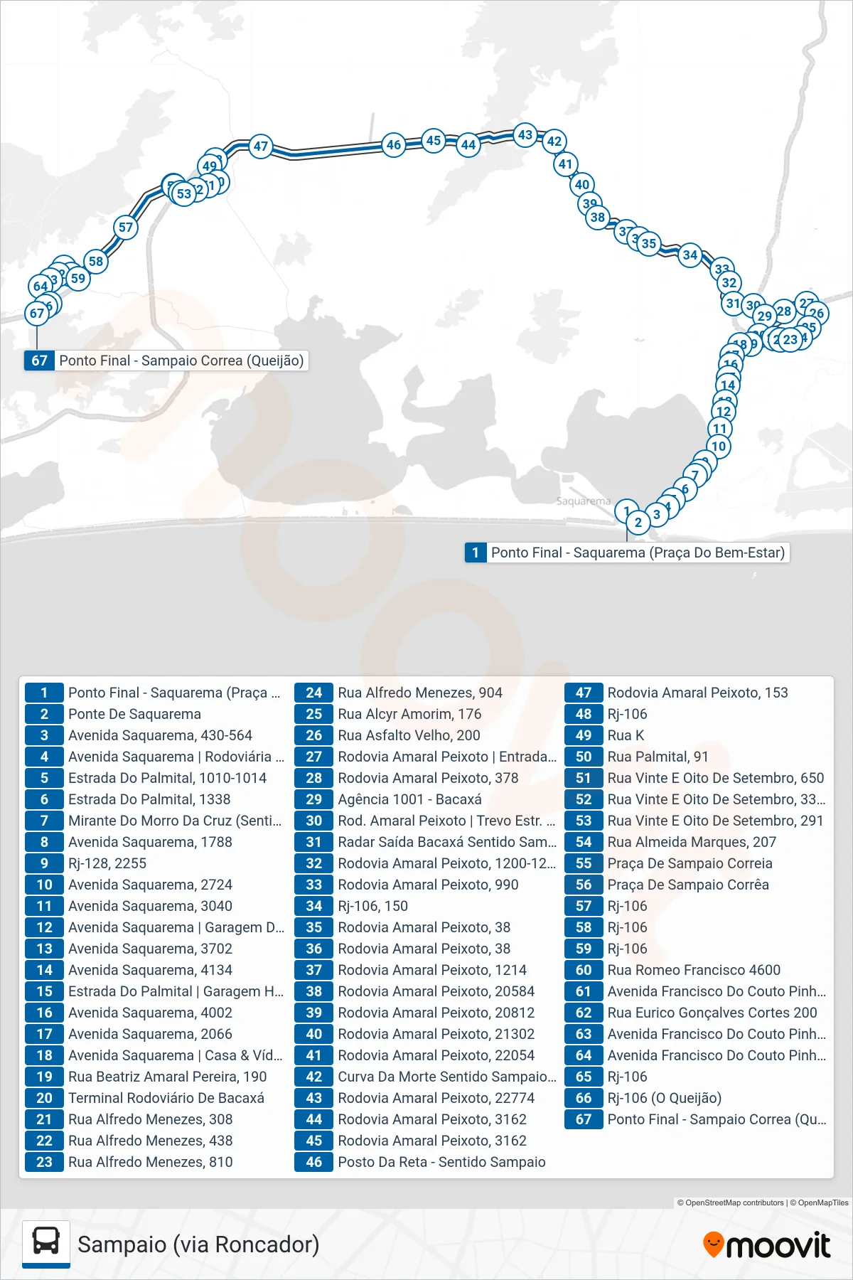 Rota e paradas da linha de ônibus 04 (Sampaio (via Roncador)) no mapa