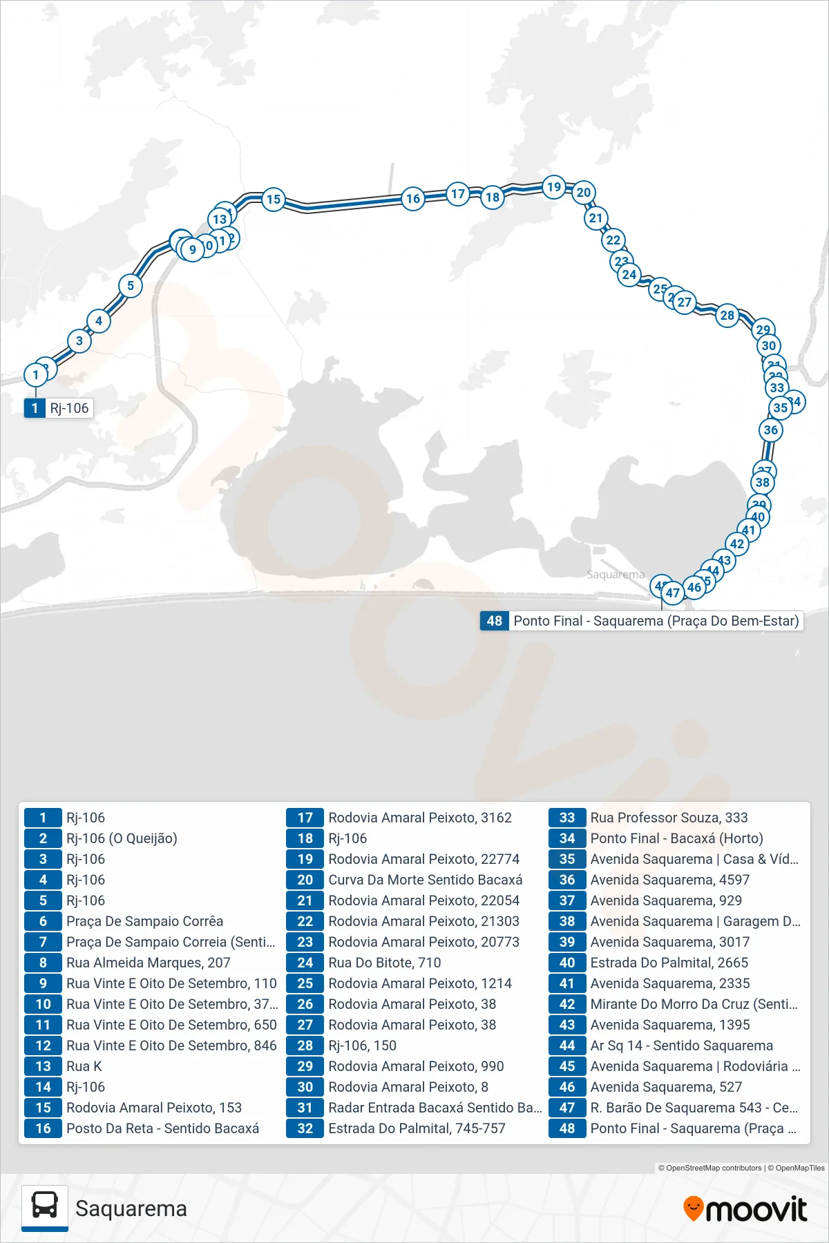 Rota e paradas da linha de ônibus 04 (Saquarema) no mapa
