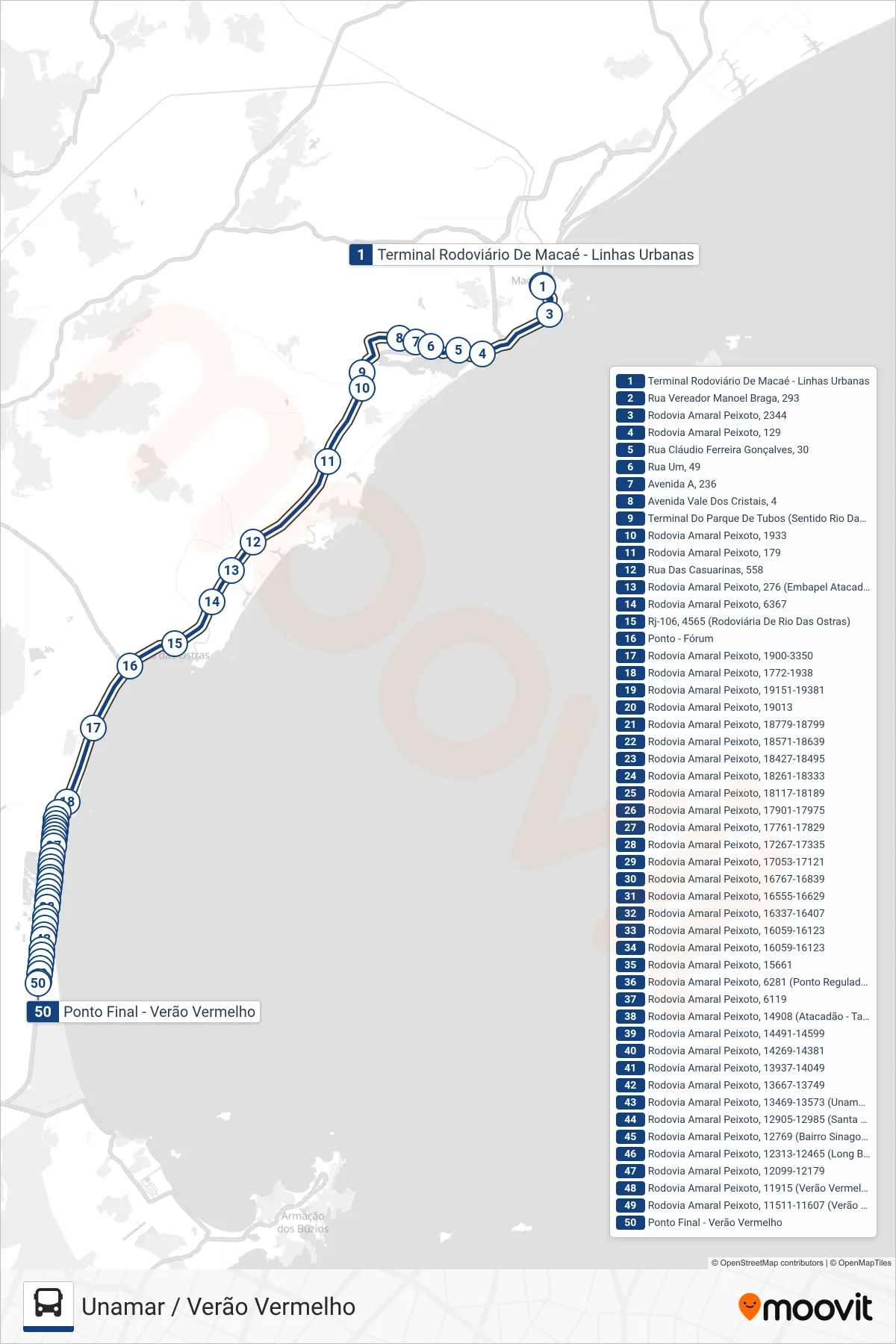 Rota e paradas da linha de ônibus B434 (Unamar / Verão Vermelho) no mapa