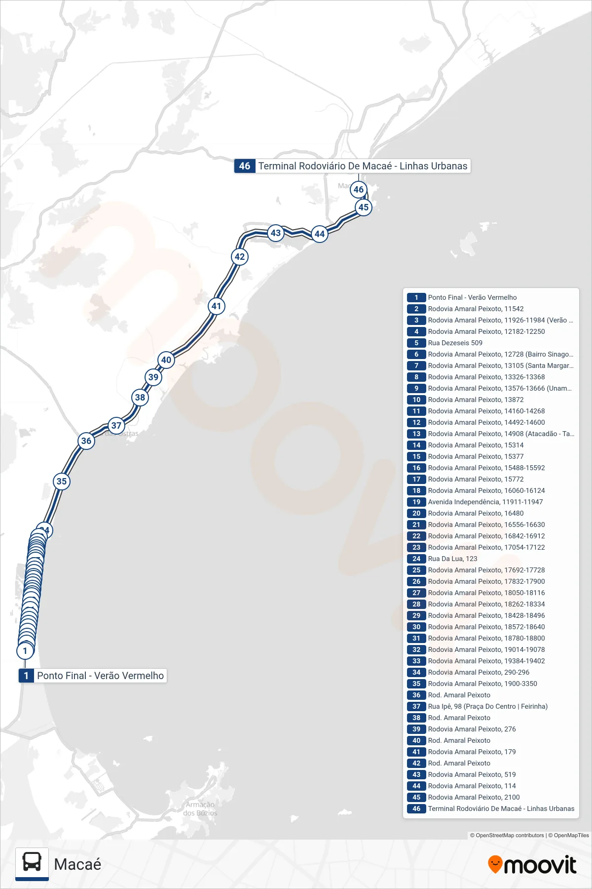 Rota e paradas da linha de ônibus B434 (Macaé) no mapa