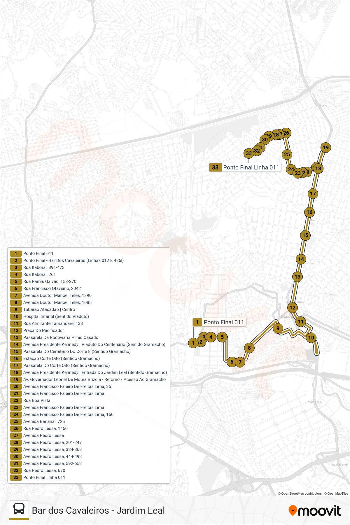 Rota e paradas da linha de ônibus 011 (Jardim Leal) no mapa