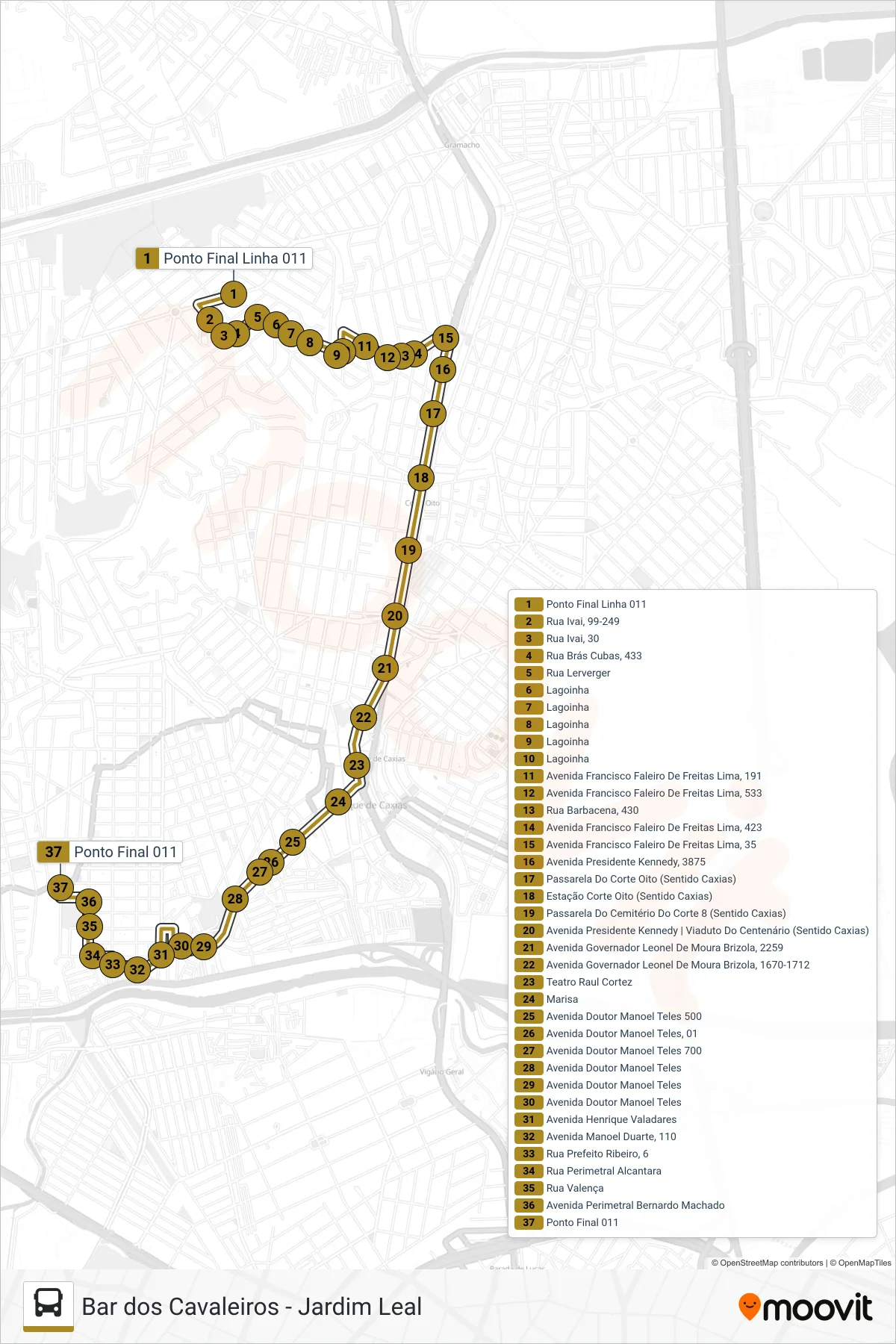 Rota e paradas da linha de ônibus 011 (Bar Dos Cavaleiros (Via Prainha)) no mapa