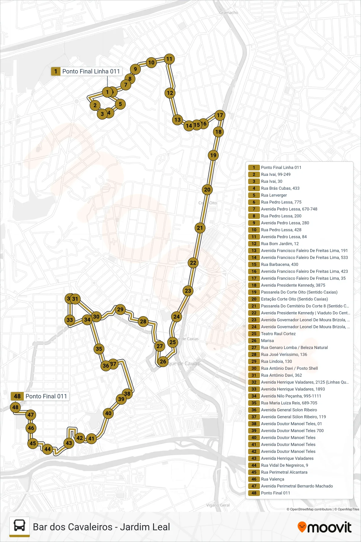 Rota e paradas da linha de ônibus 011 (Bar Dos Cavaleiros (Via Nilo Peçanha / Av. Bananal)) no mapa