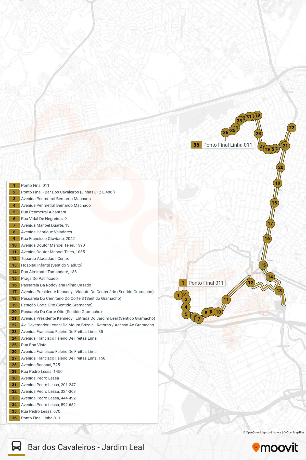 011 bus Line (Jardim Leal (Via Prainha / Manoel Teles)) route and stops on a map