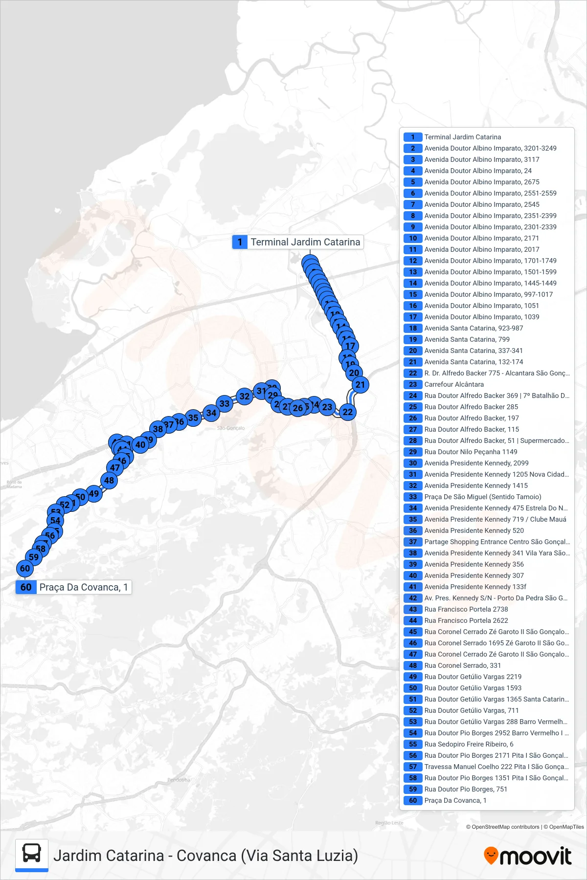 Rota e paradas da linha de ônibus 12 (Covanca) no mapa