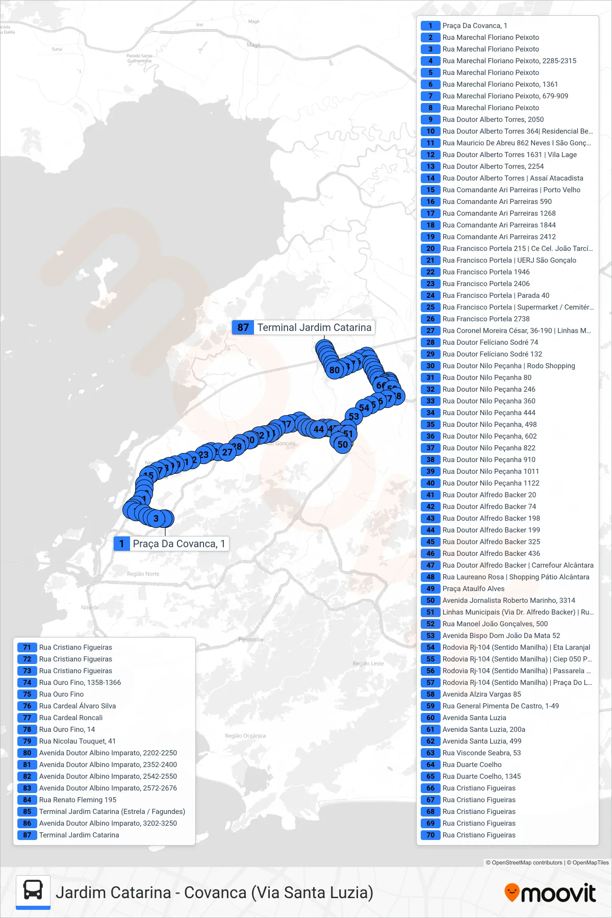 Rota e paradas da linha de ônibus 12 (Jardim Catarina) no mapa