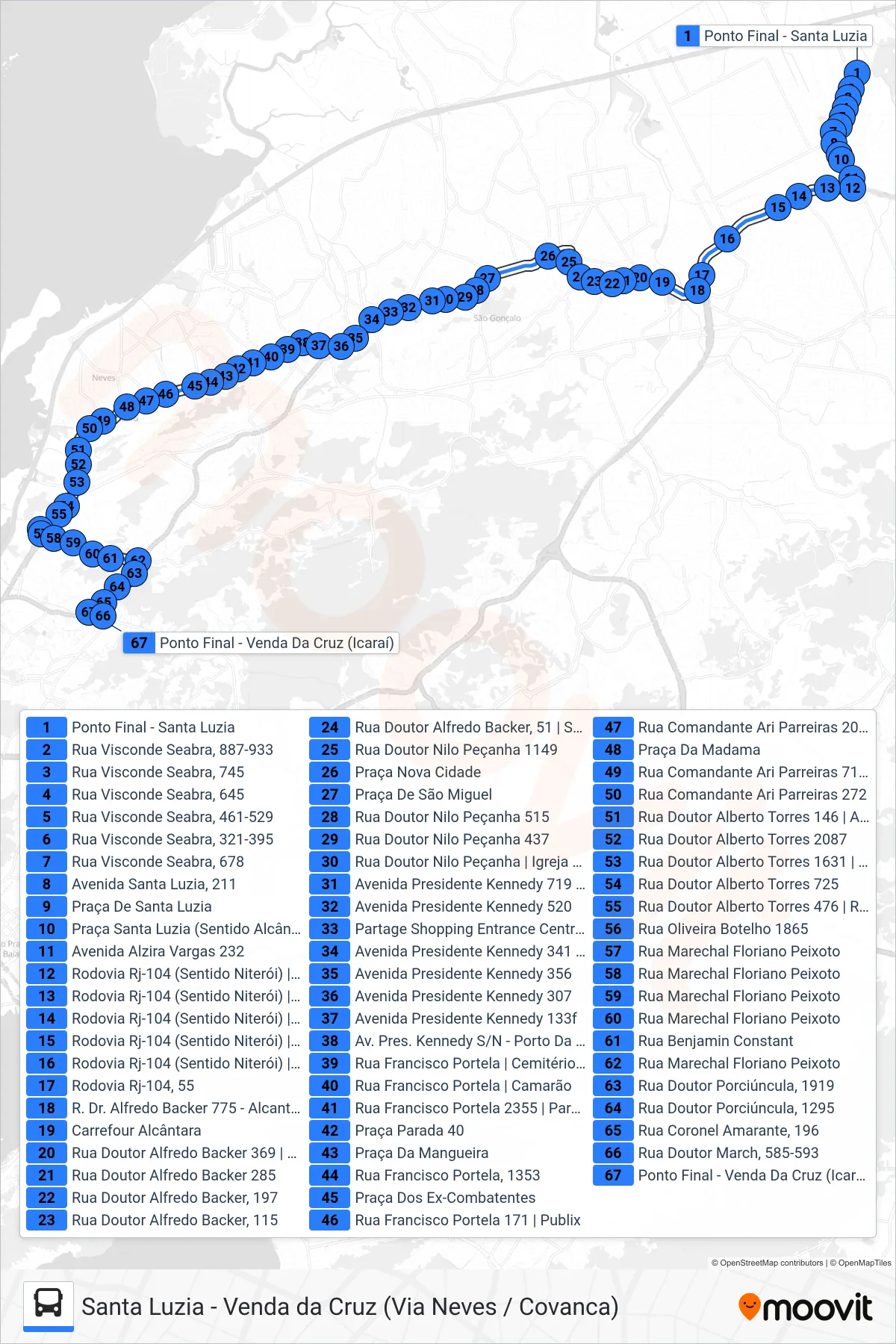 Rota e paradas da linha de ônibus 13A (Venda Da Cruz) no mapa