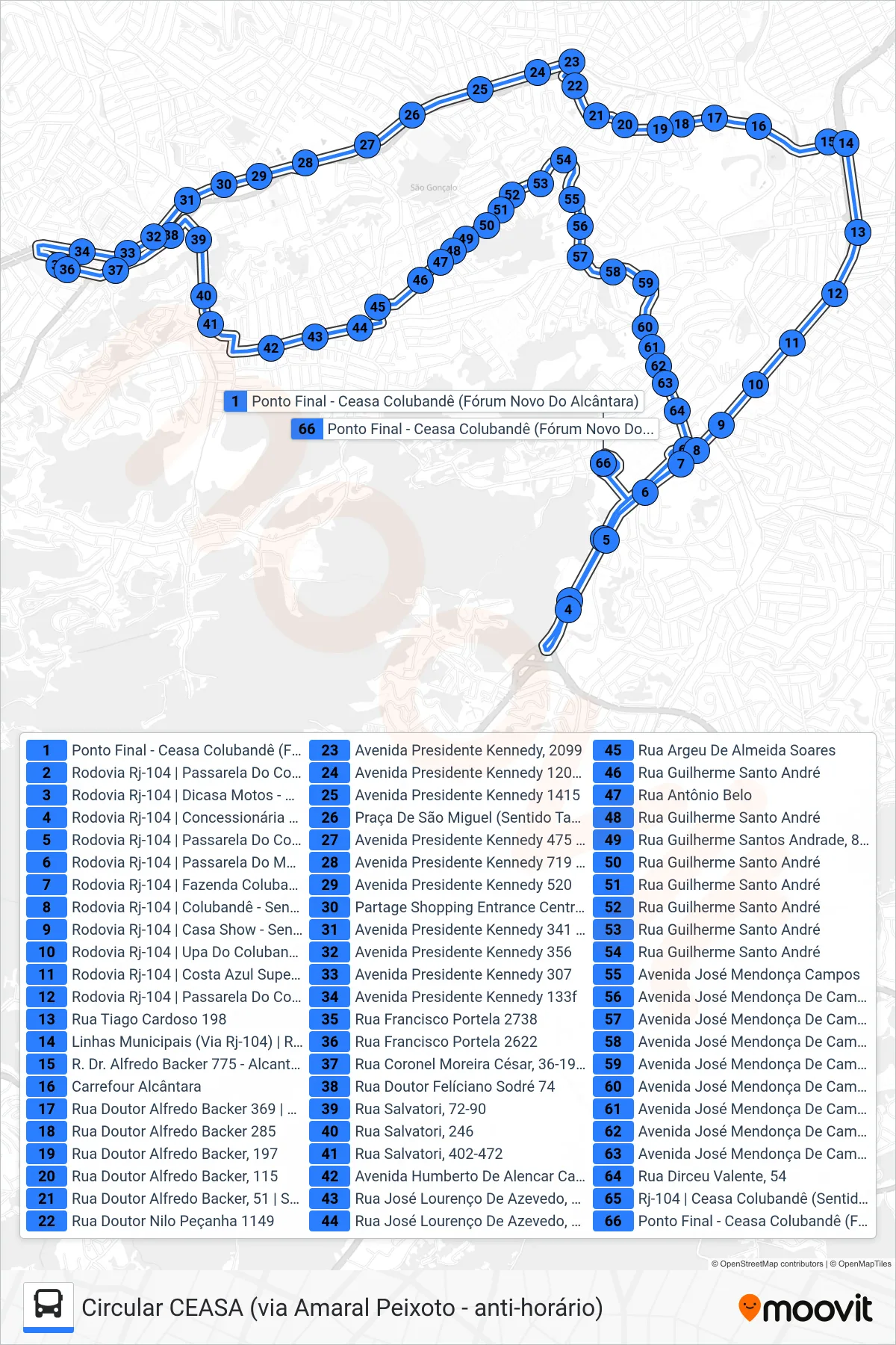 10 bus Line (Circular CEASA (via Amaral Peixoto - anti-horário)) route and stops on a map