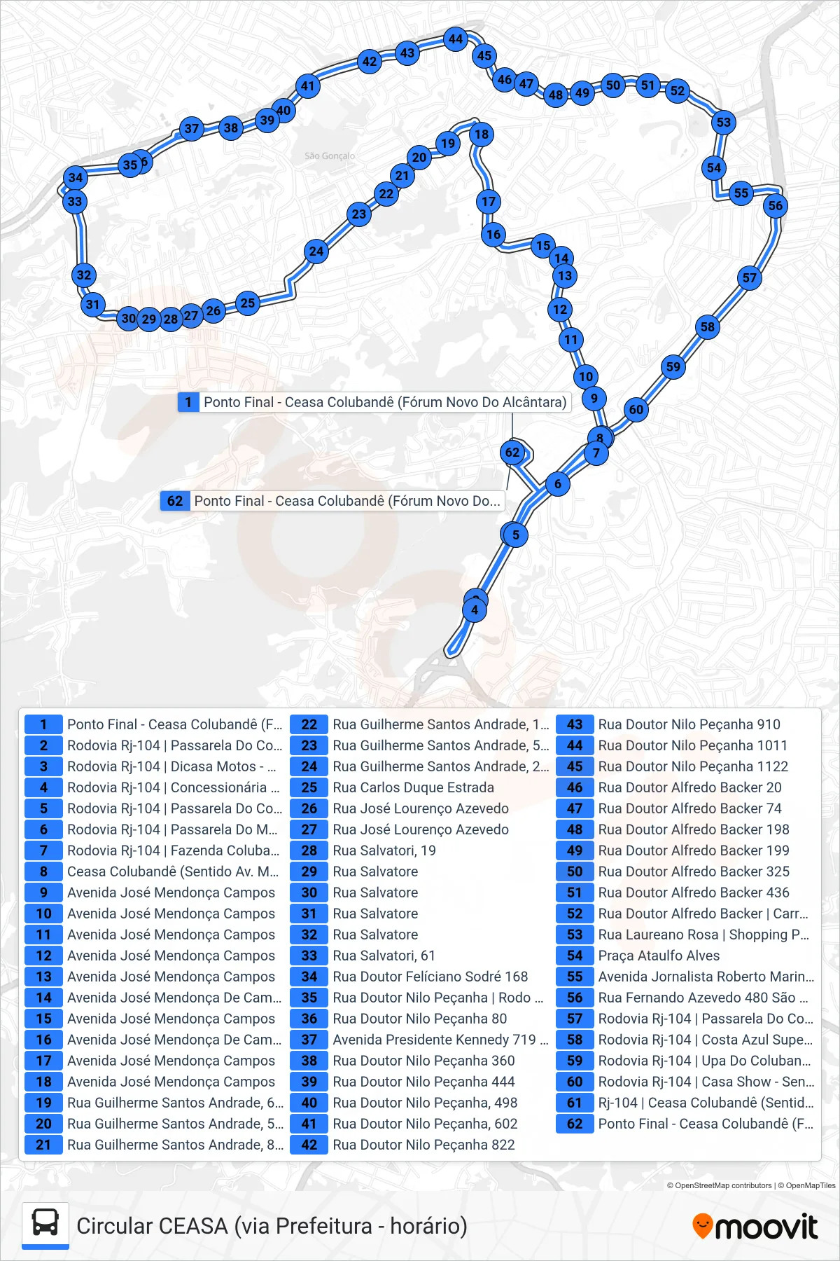 Rota e paradas da linha de ônibus 10 (Circular CEASA (via Prefeitura - horário)) no mapa