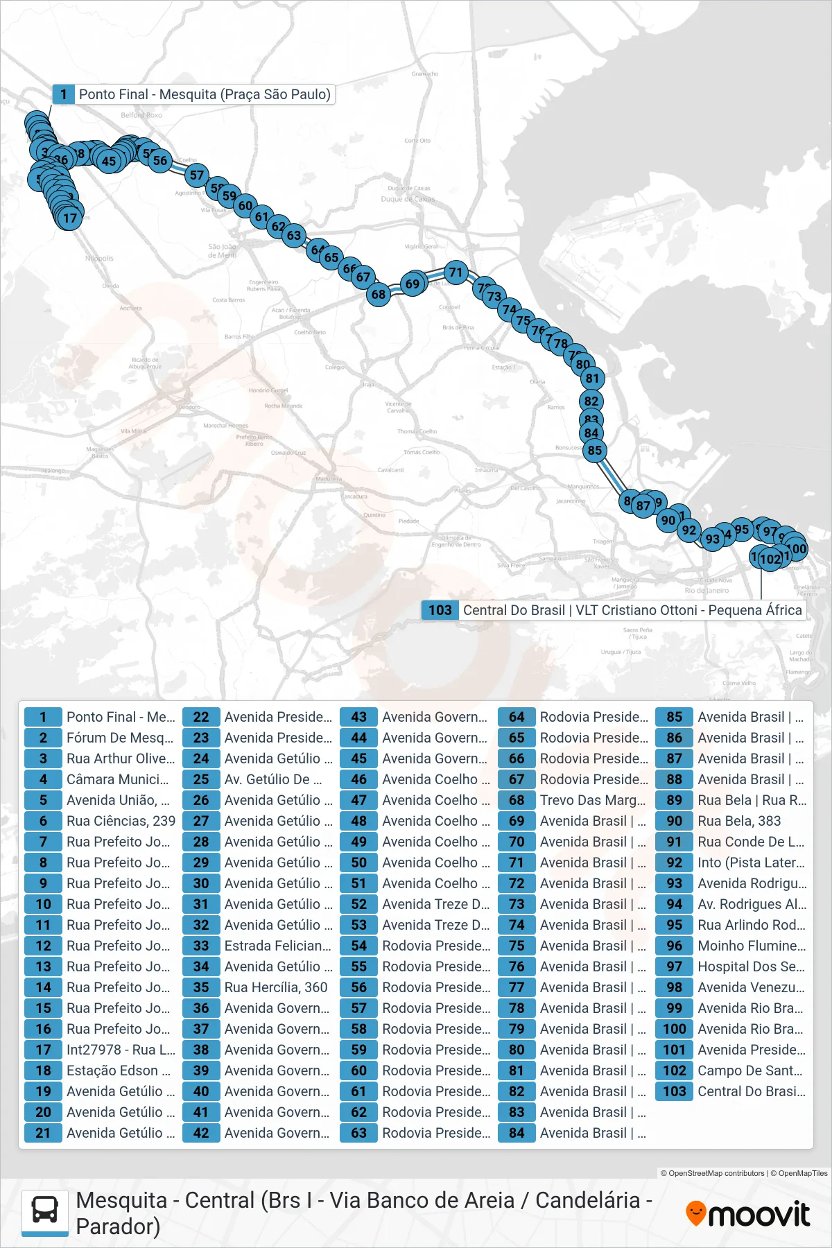 Rota e paradas da linha de ônibus 479B (Central (Via Praça Mauá)) no mapa