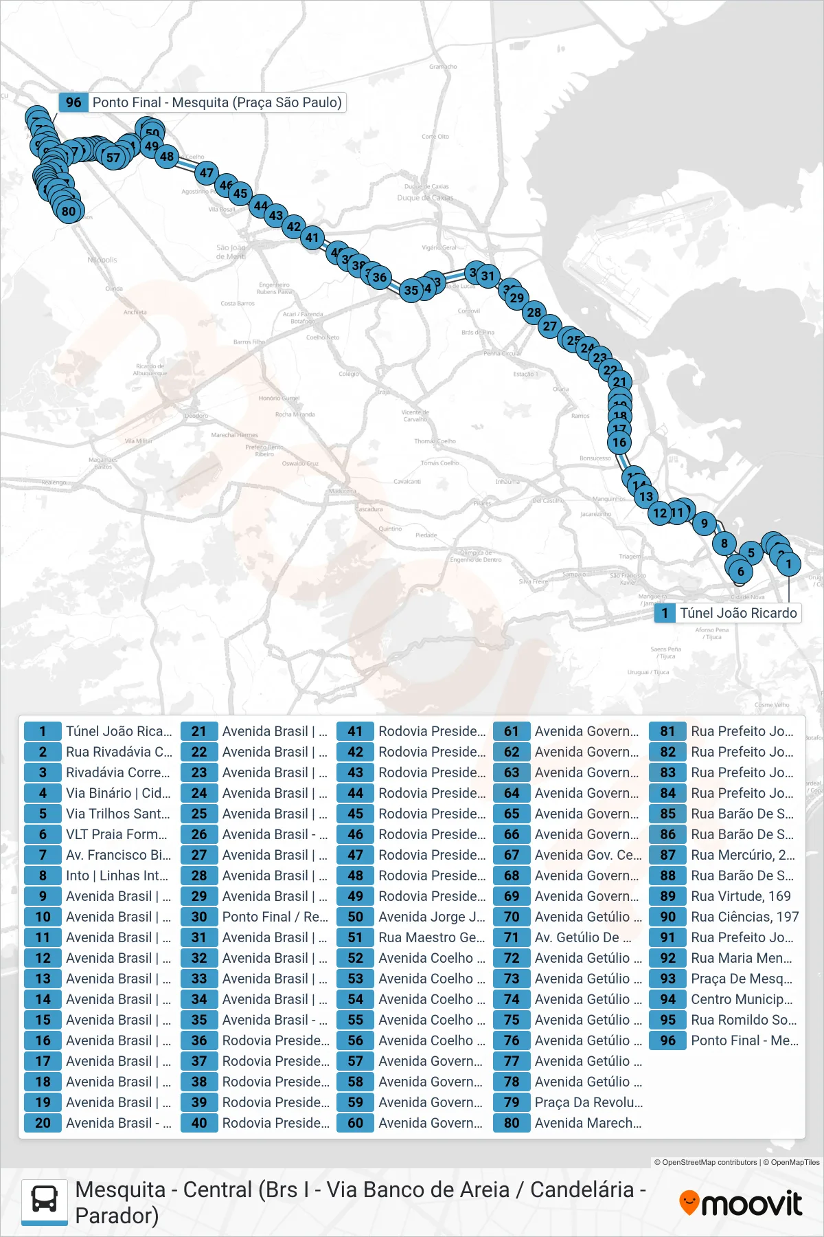 Rota e paradas da linha de ônibus 479B (Mesquita) no mapa