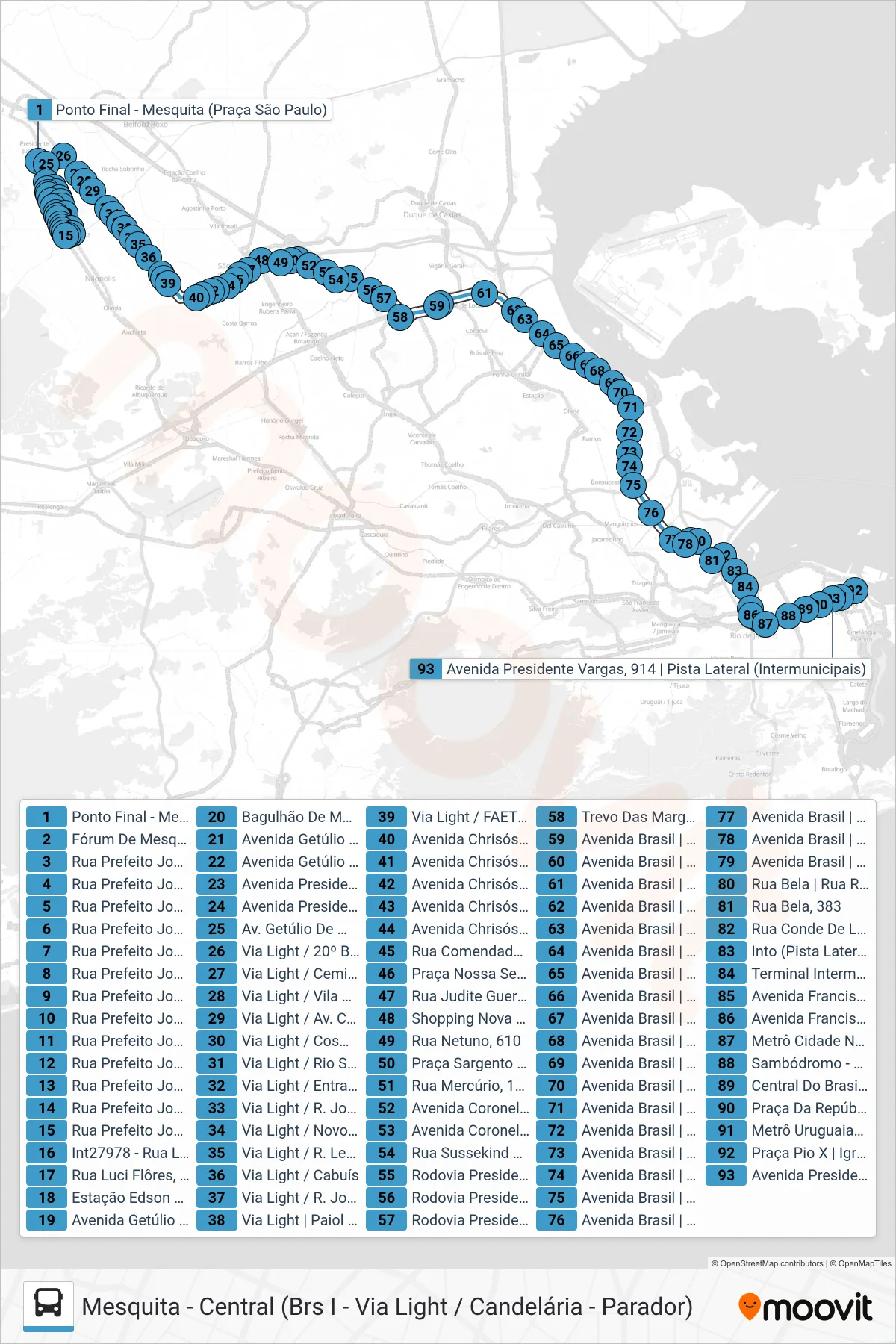Rota e paradas da linha de ônibus  651B  (Central) no mapa