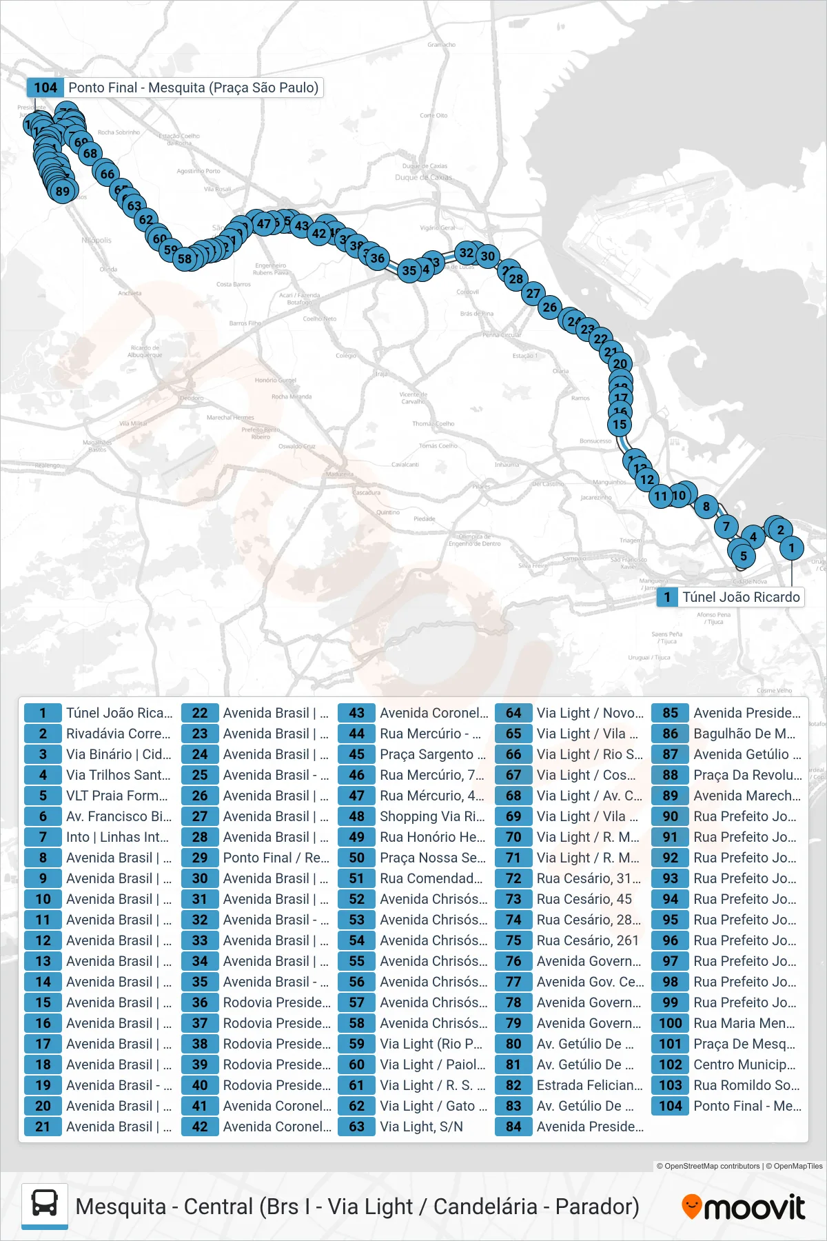Rota e paradas da linha de ônibus 651B (Mesquita) no mapa