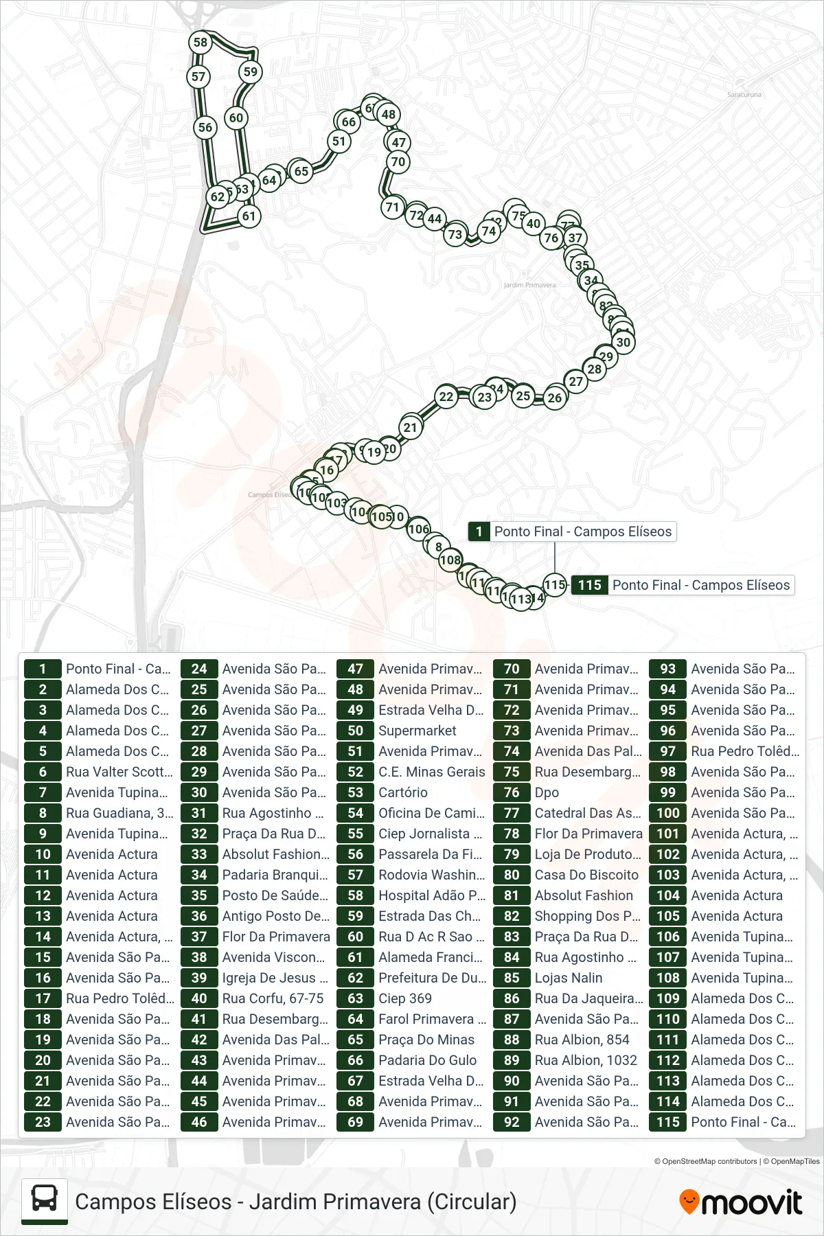 Rota e paradas da linha de ônibus 024 (Campos Elíseos ↔ Jardim Primavera (Circular)) no mapa