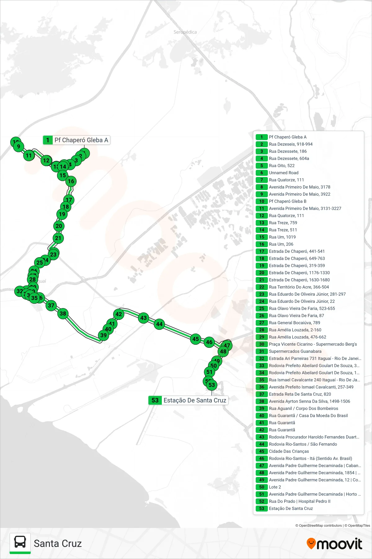 Rota e paradas da linha de ônibus 430P (Santa Cruz) no mapa