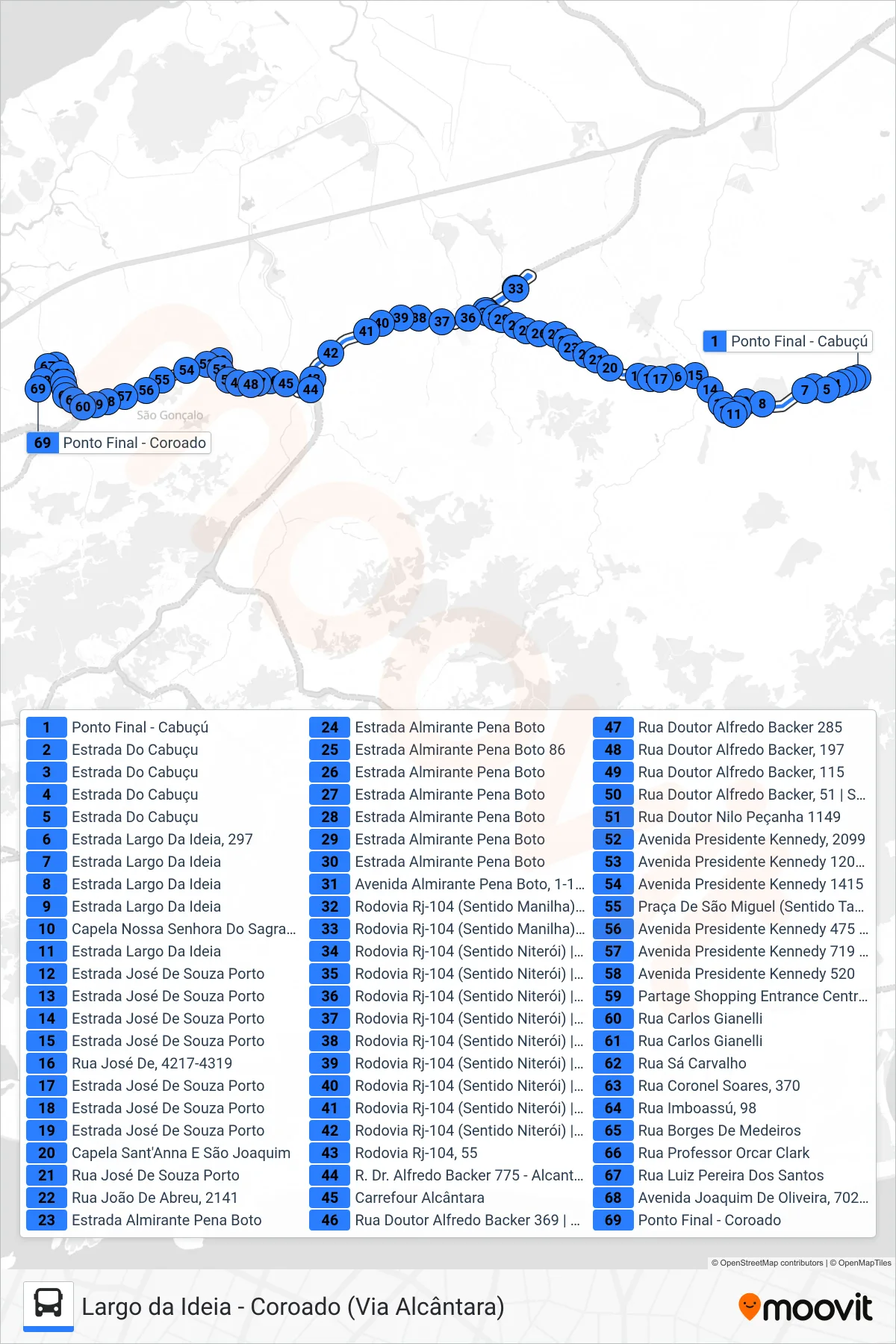 Rota e paradas da linha de ônibus 06 (Coroado) no mapa