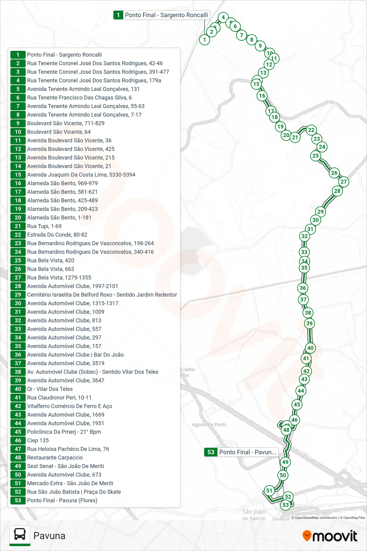 Rota e paradas da linha de ônibus  722I  (Pavuna) no mapa