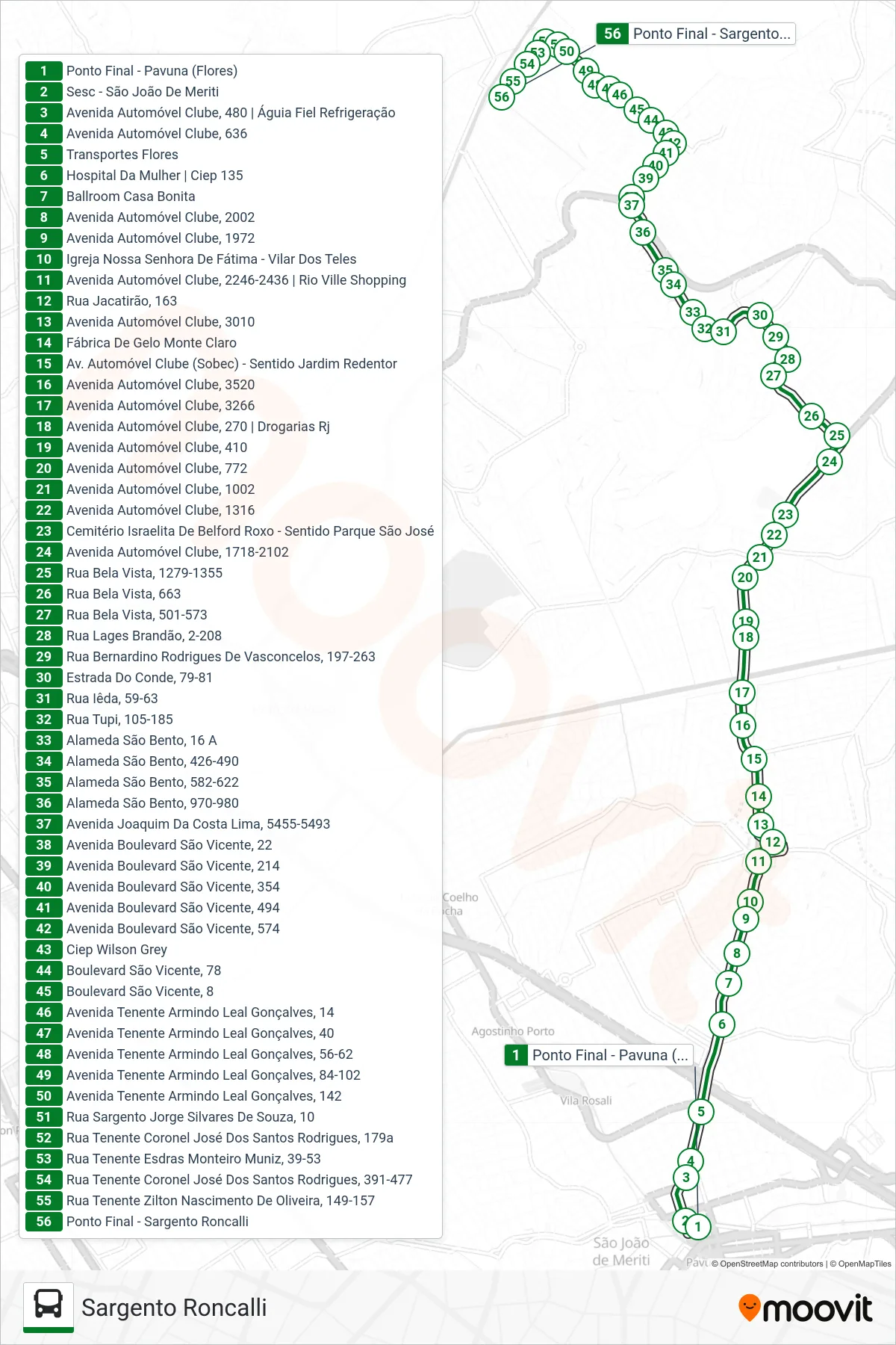 Rota e paradas da linha de ônibus  722I  (Sargento Roncalli) no mapa