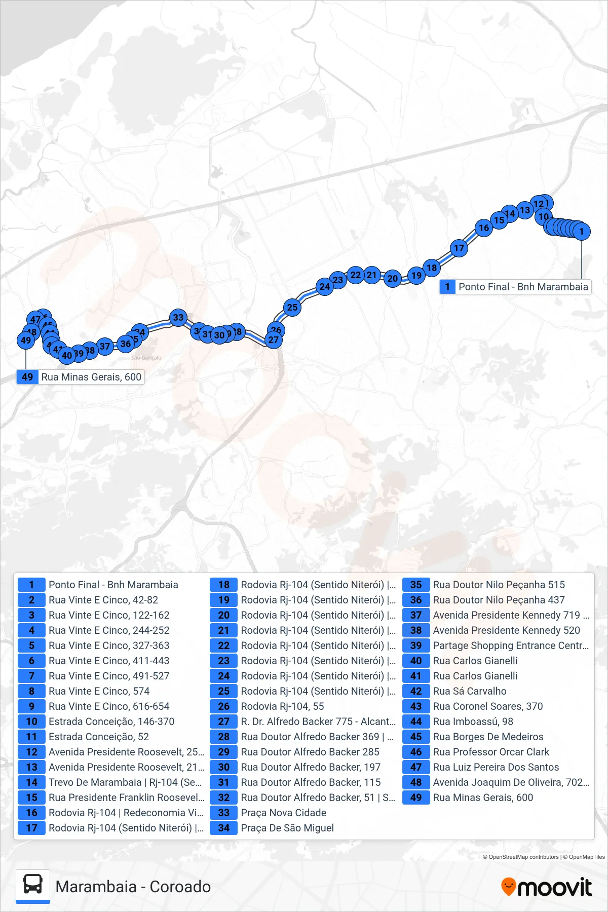 Rota e paradas da linha de ônibus 39 (Coroado) no mapa