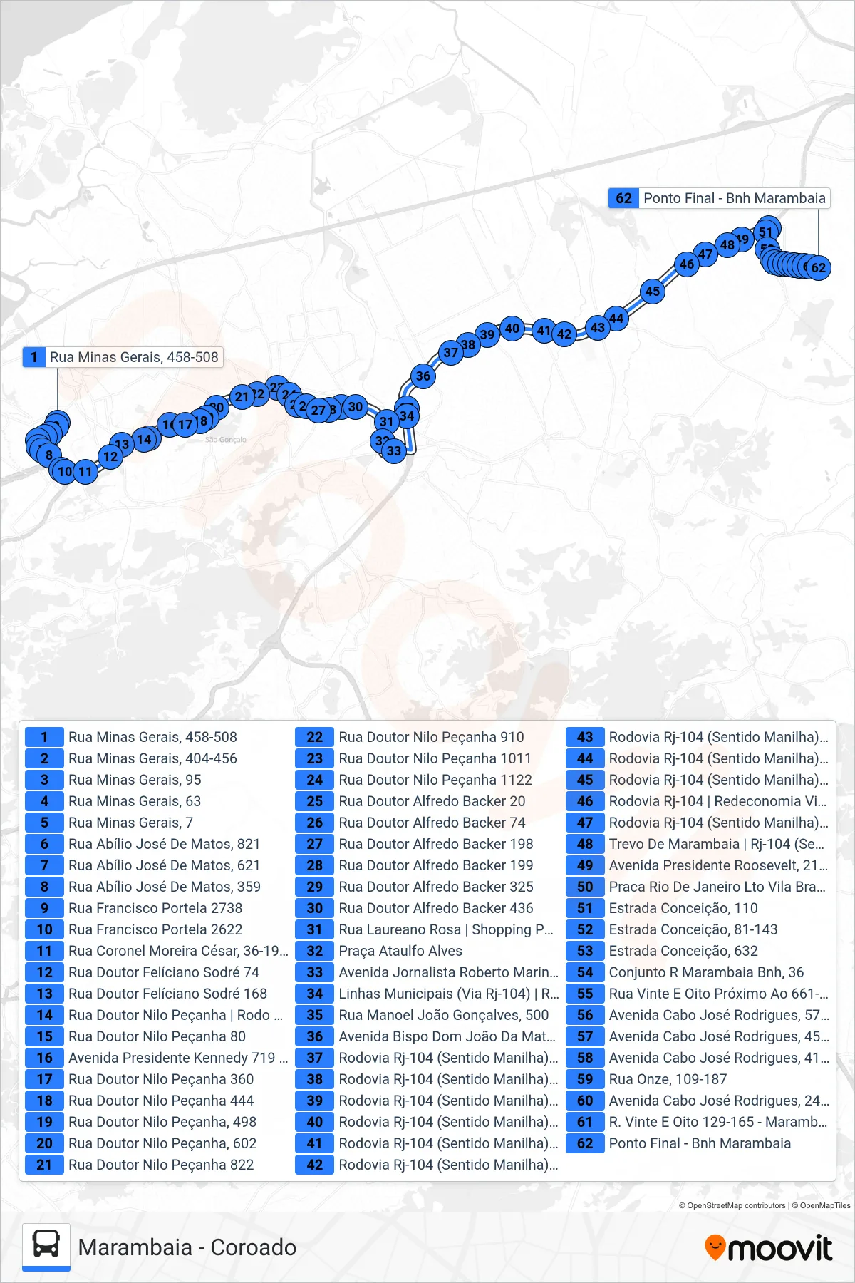 Rota e paradas da linha de ônibus 39 (Marambaia) no mapa