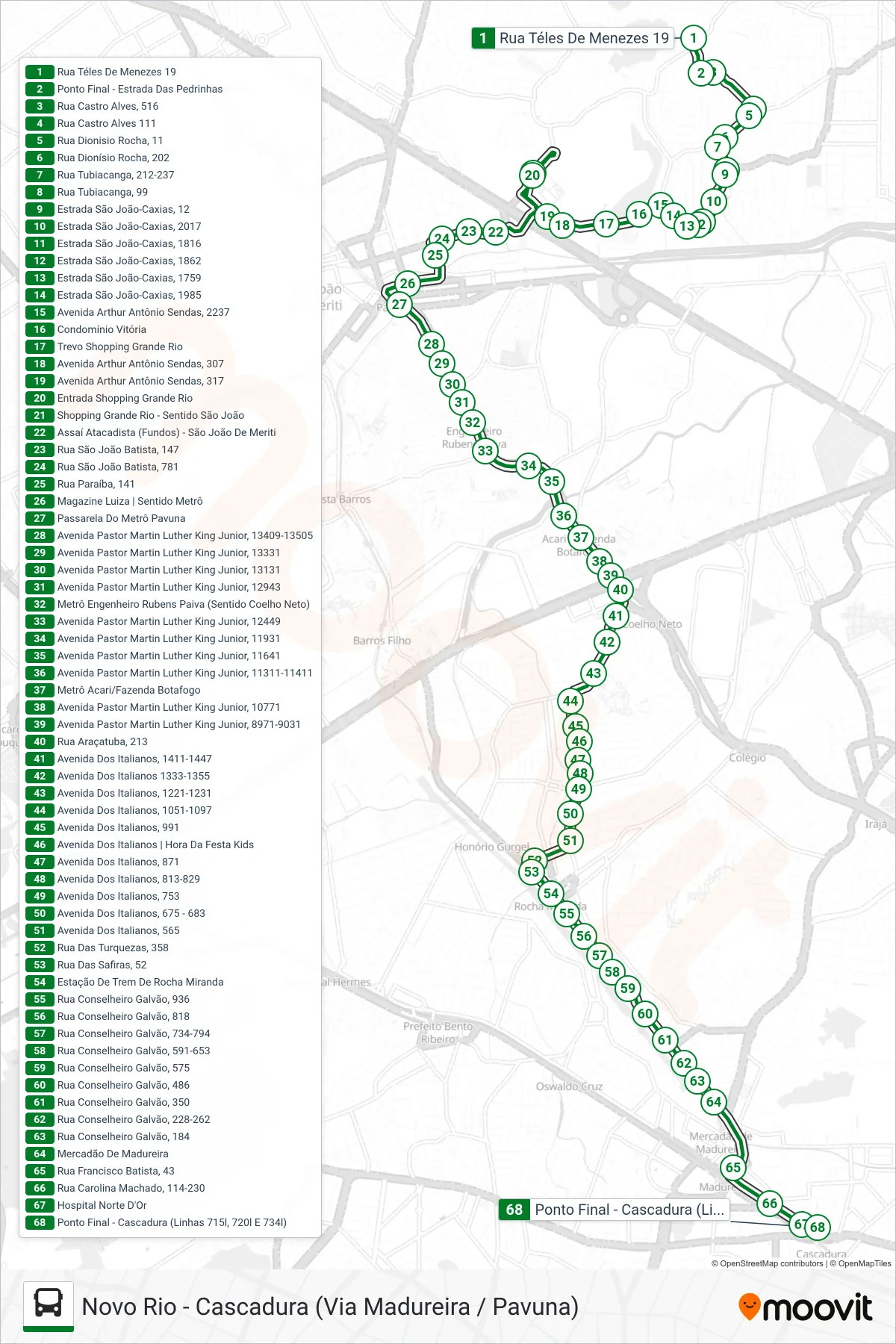 Rota e paradas da linha de ônibus  720L  (Cascadura) no mapa