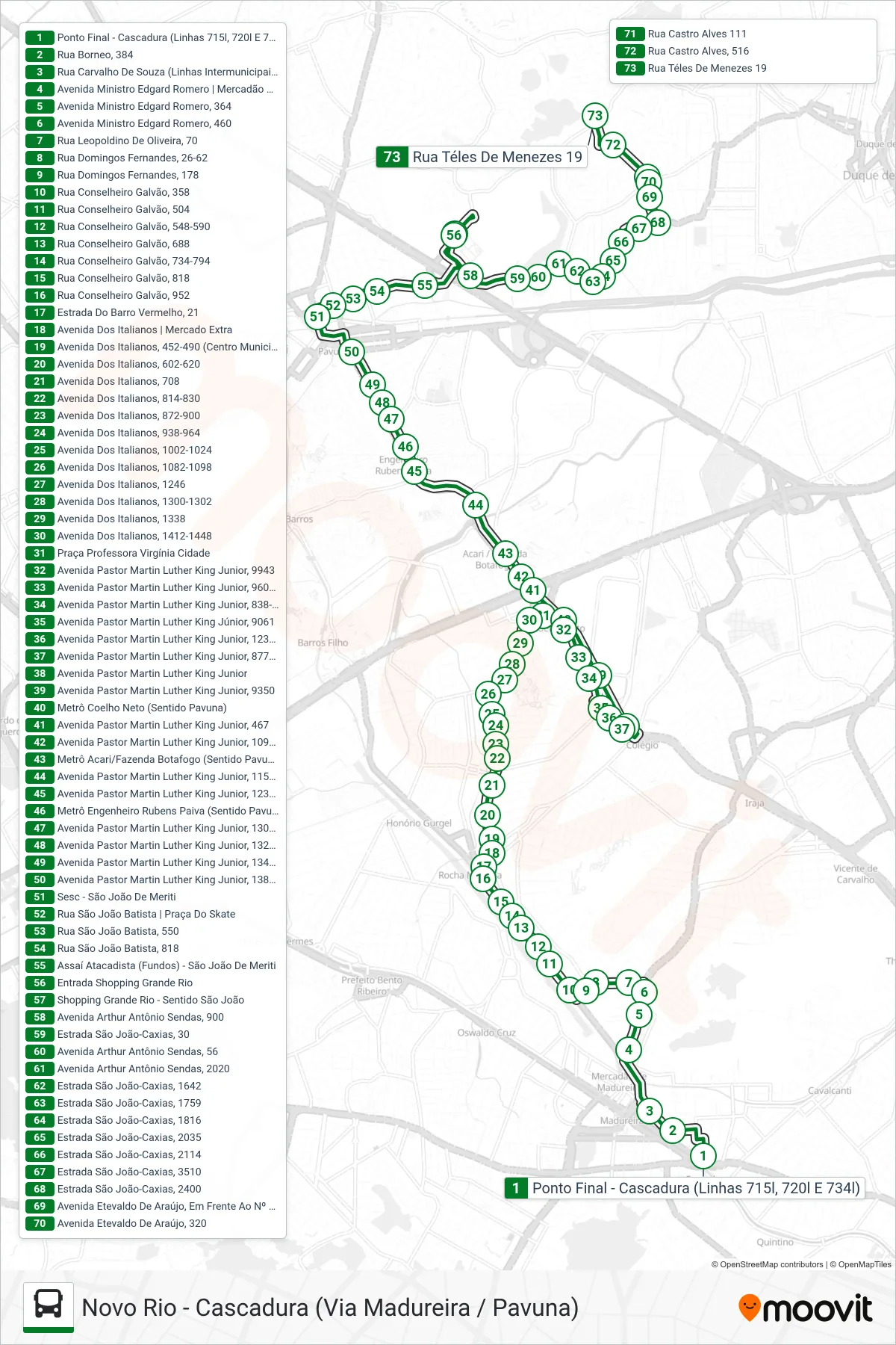 Rota e paradas da linha de ônibus 720L (Novo Rio) no mapa