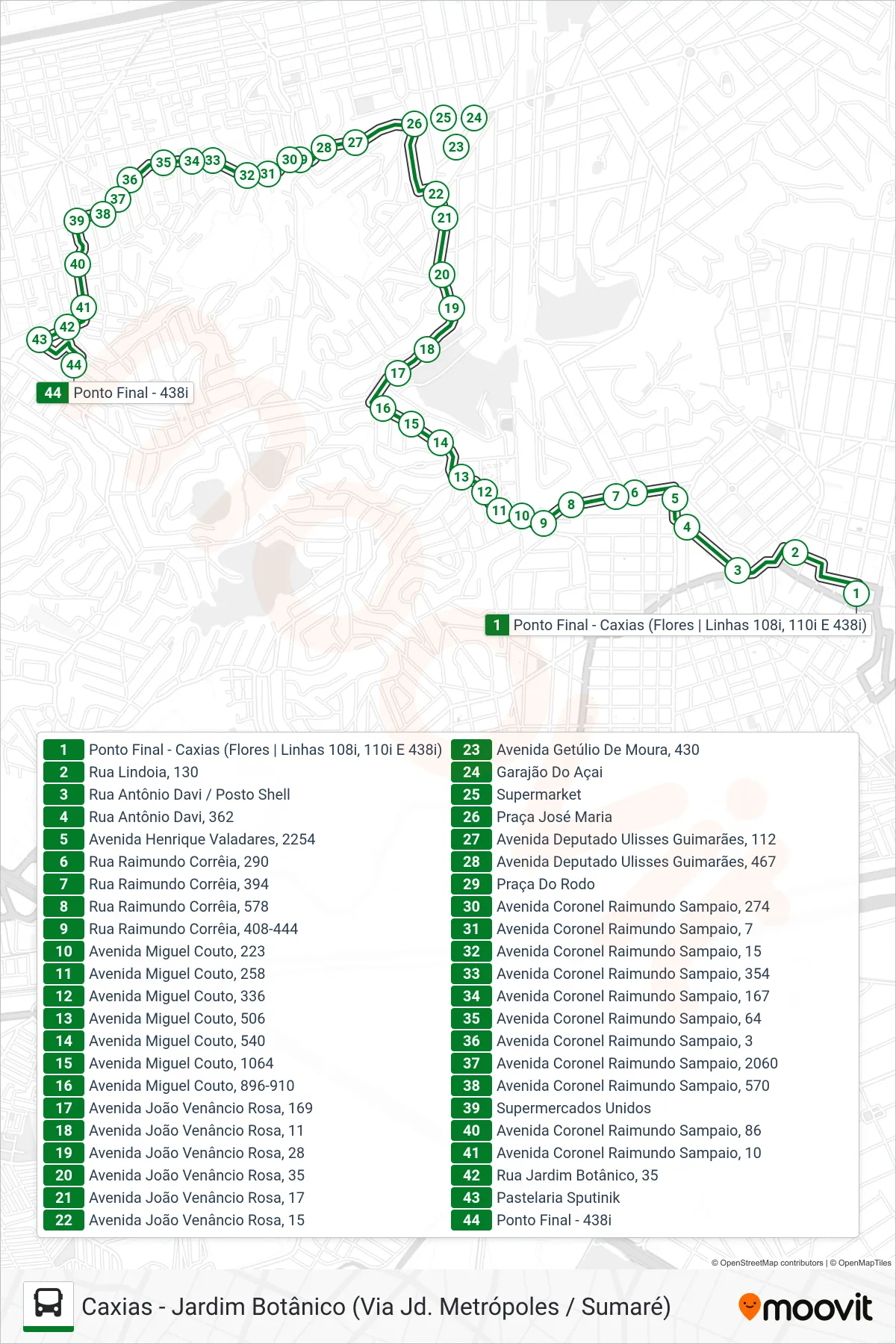 Rota e paradas da linha de ônibus 438I (Jardim Botânico) no mapa