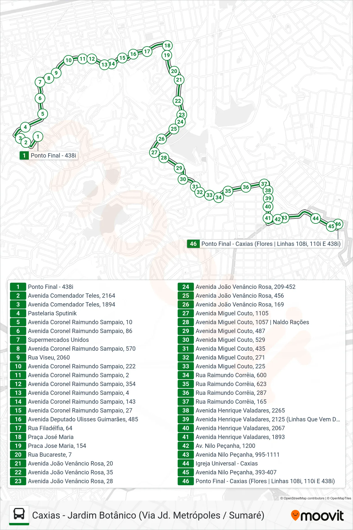 Rota e paradas da linha de ônibus 438I (Caxias) no mapa
