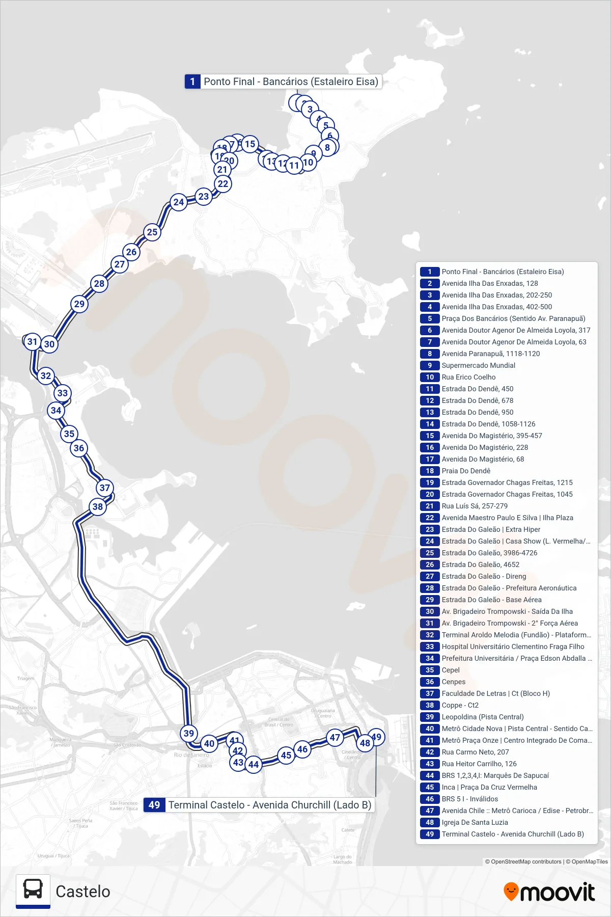 Rota e paradas da linha de ônibus  321  (Castelo) no mapa