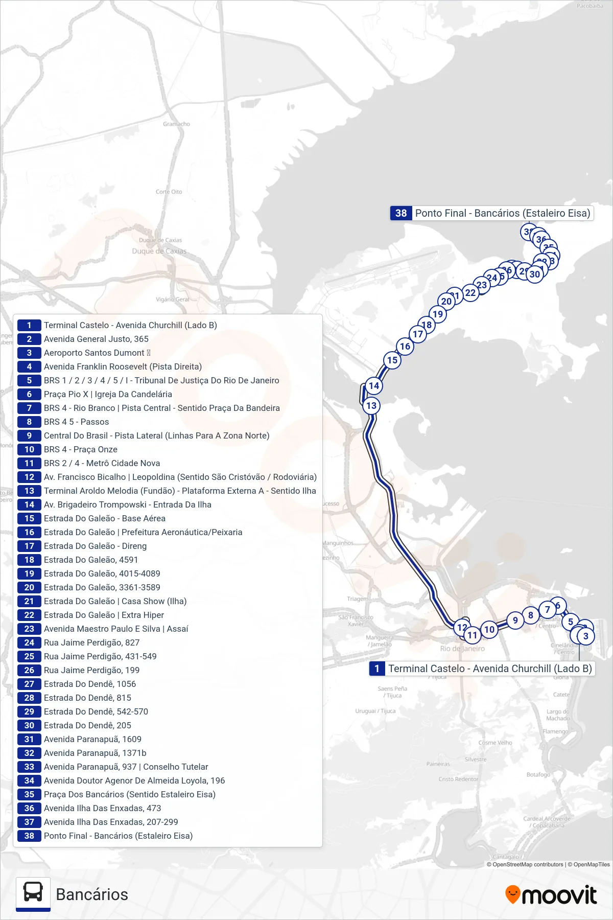 Rota e paradas da linha de ônibus  321  (Bancários) no mapa