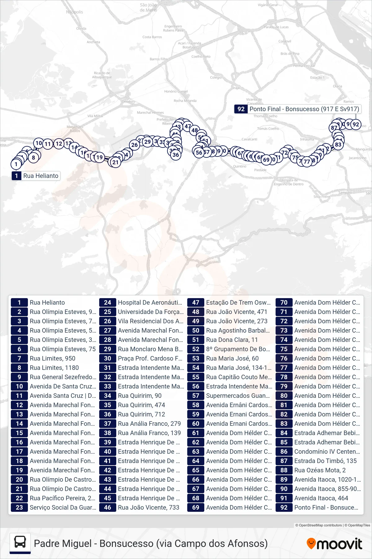 Rota e paradas da linha de ônibus 917 (Bonsucesso) no mapa
