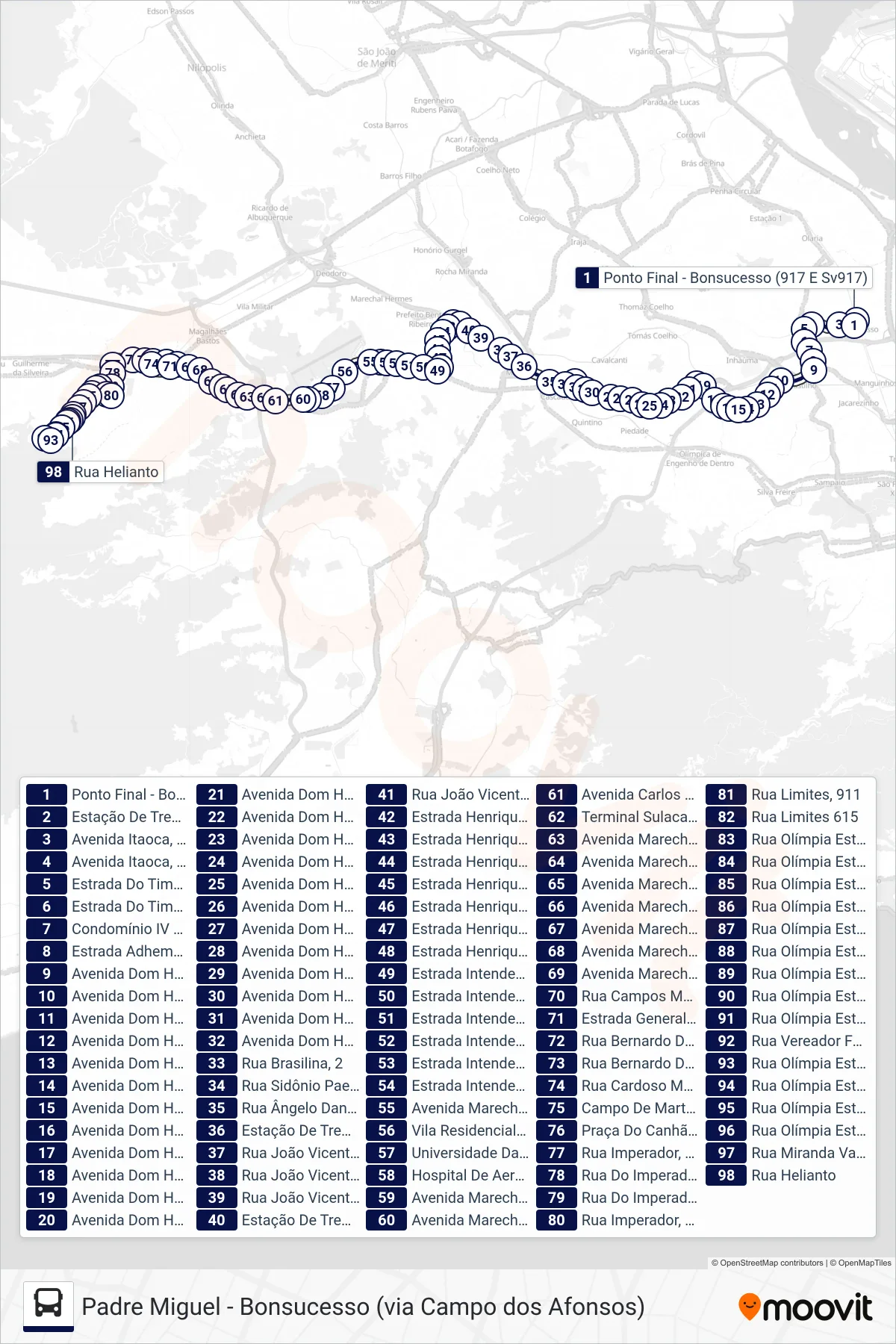 Rota e paradas da linha de ônibus 917 (Padre Miguel) no mapa