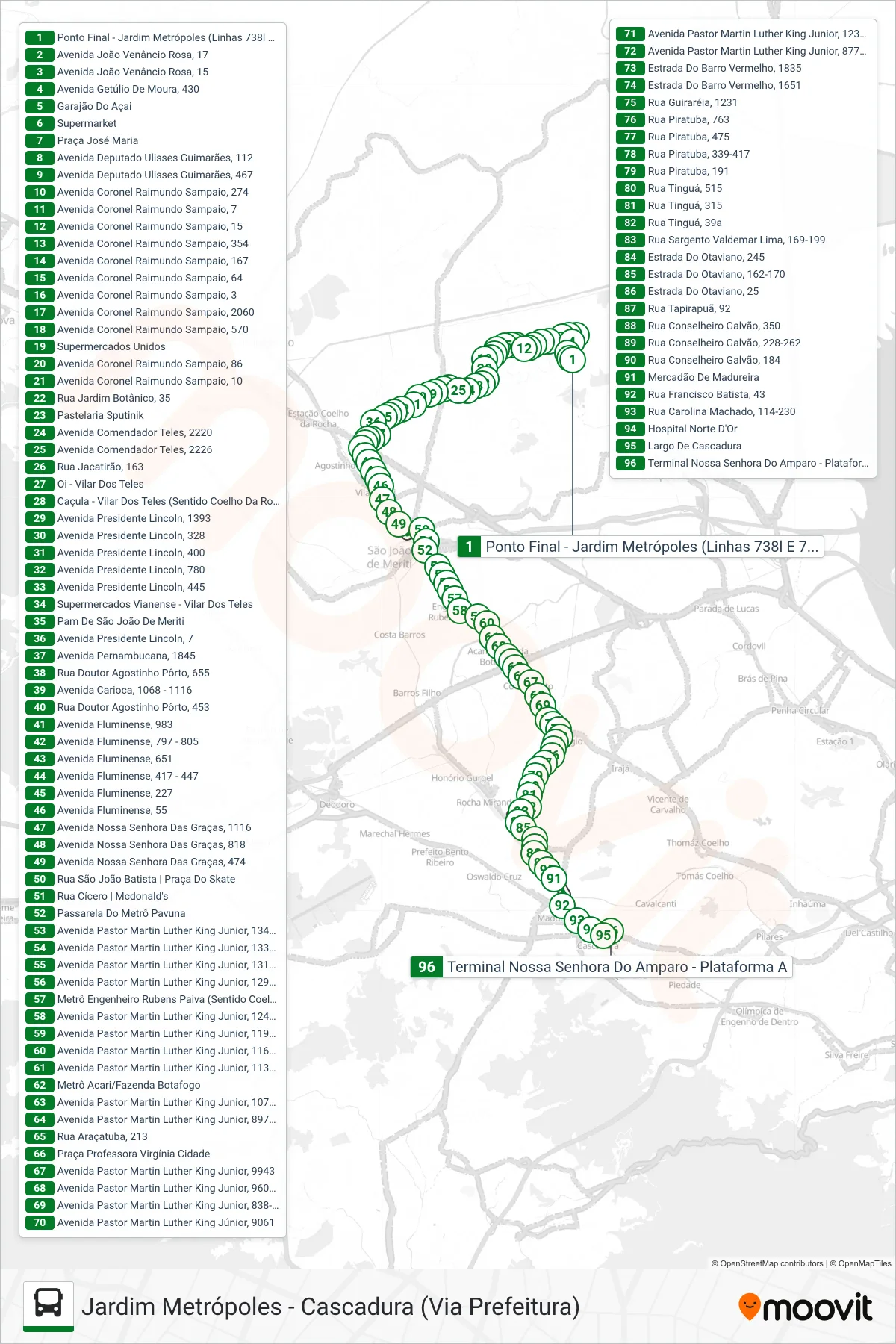 Rota e paradas da linha de ônibus 738L (Cascadura) no mapa