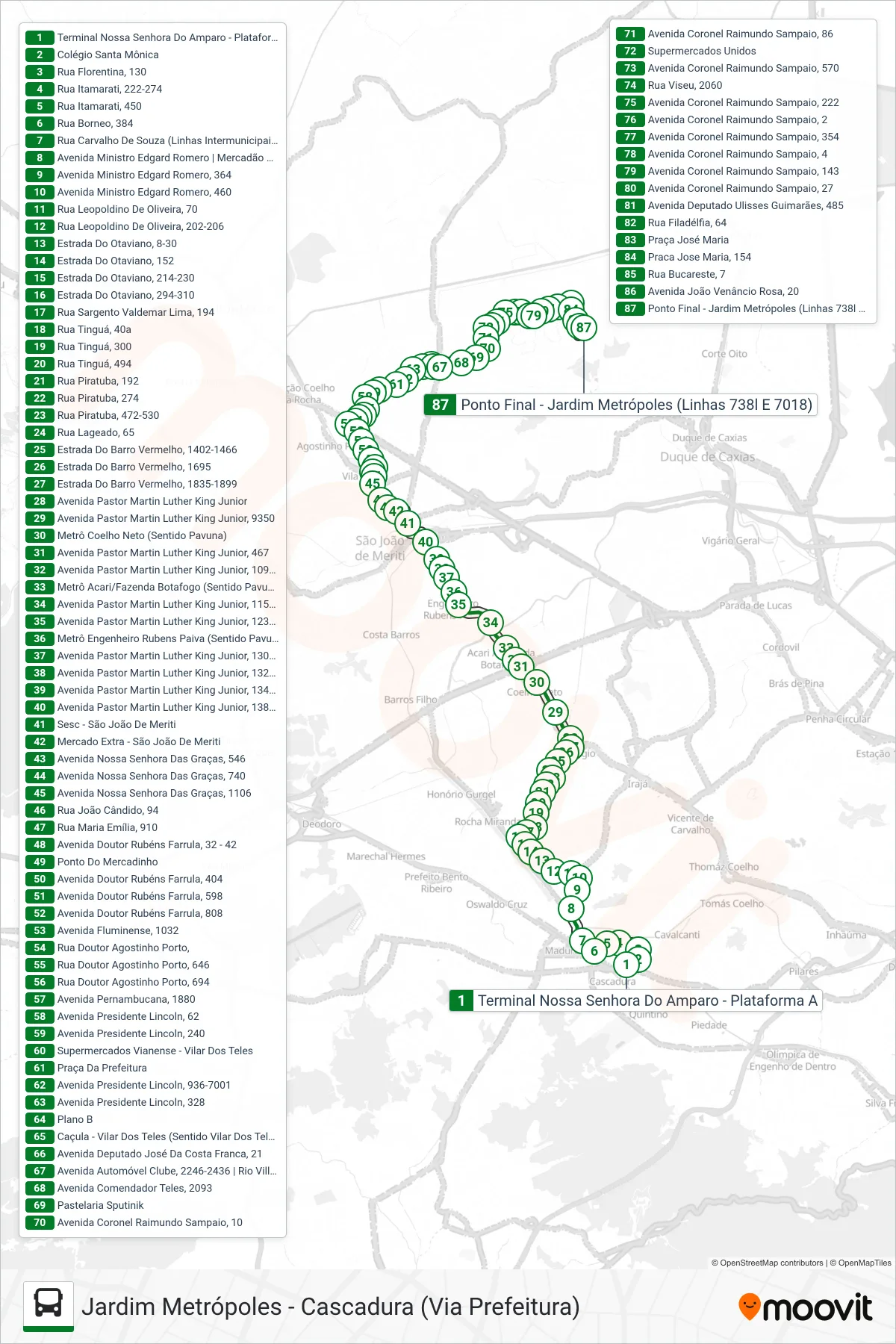 Rota e paradas da linha de ônibus 738L (Jardim Metrópoles) no mapa