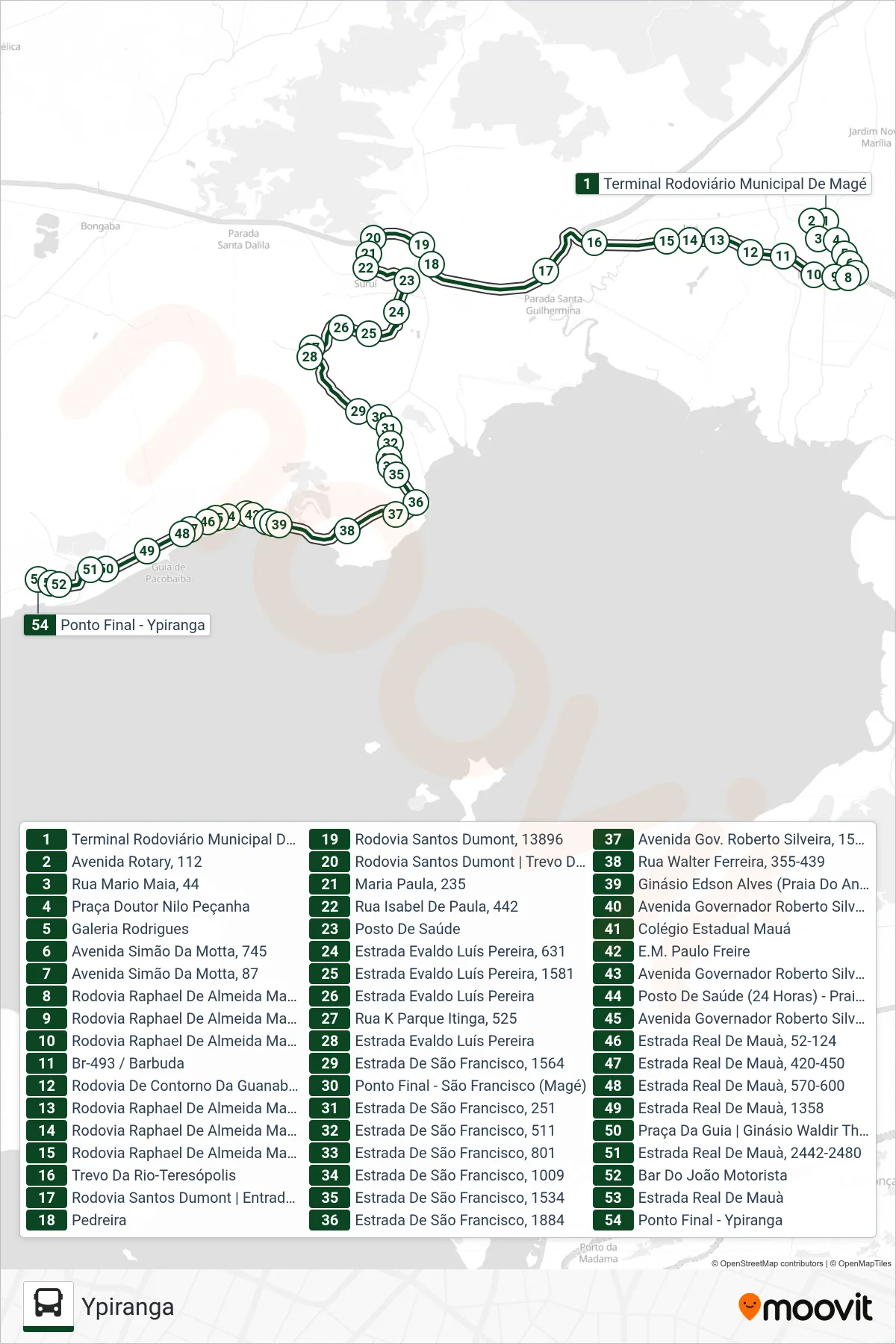 Rota e paradas da linha de ônibus 1011 (Ypiranga) no mapa