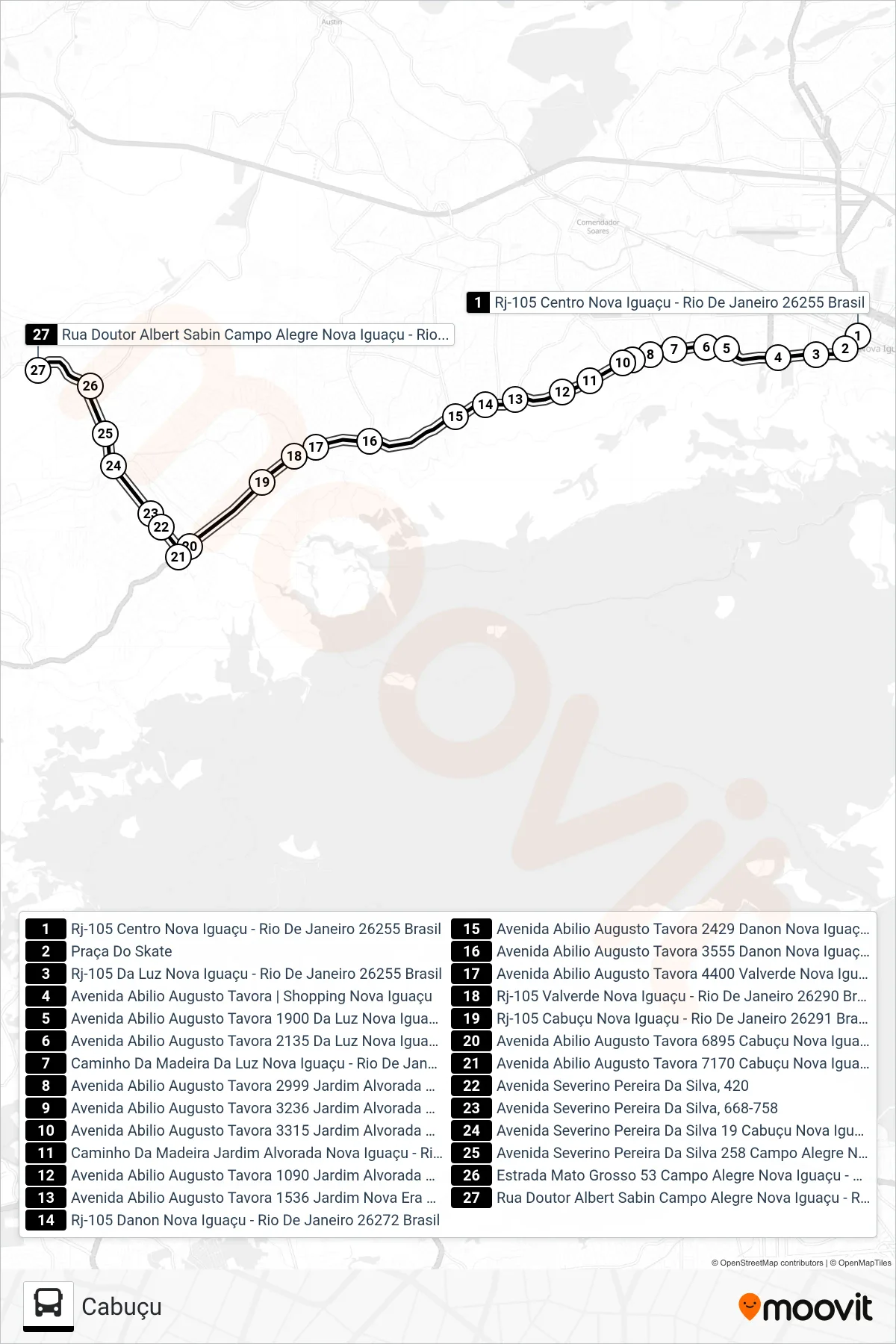 2001 bus Line (Cabuçu) route and stops on a map