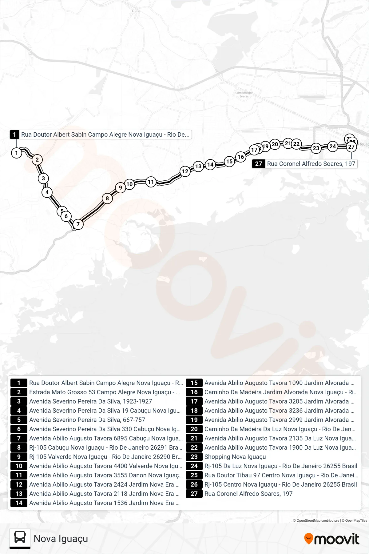 2001 bus Line (Nova Iguaçu) route and stops on a map